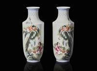 A pair of famille rose-decorated porcelain vases, Republic period 粉彩"和合二仙"瓶一對 民國