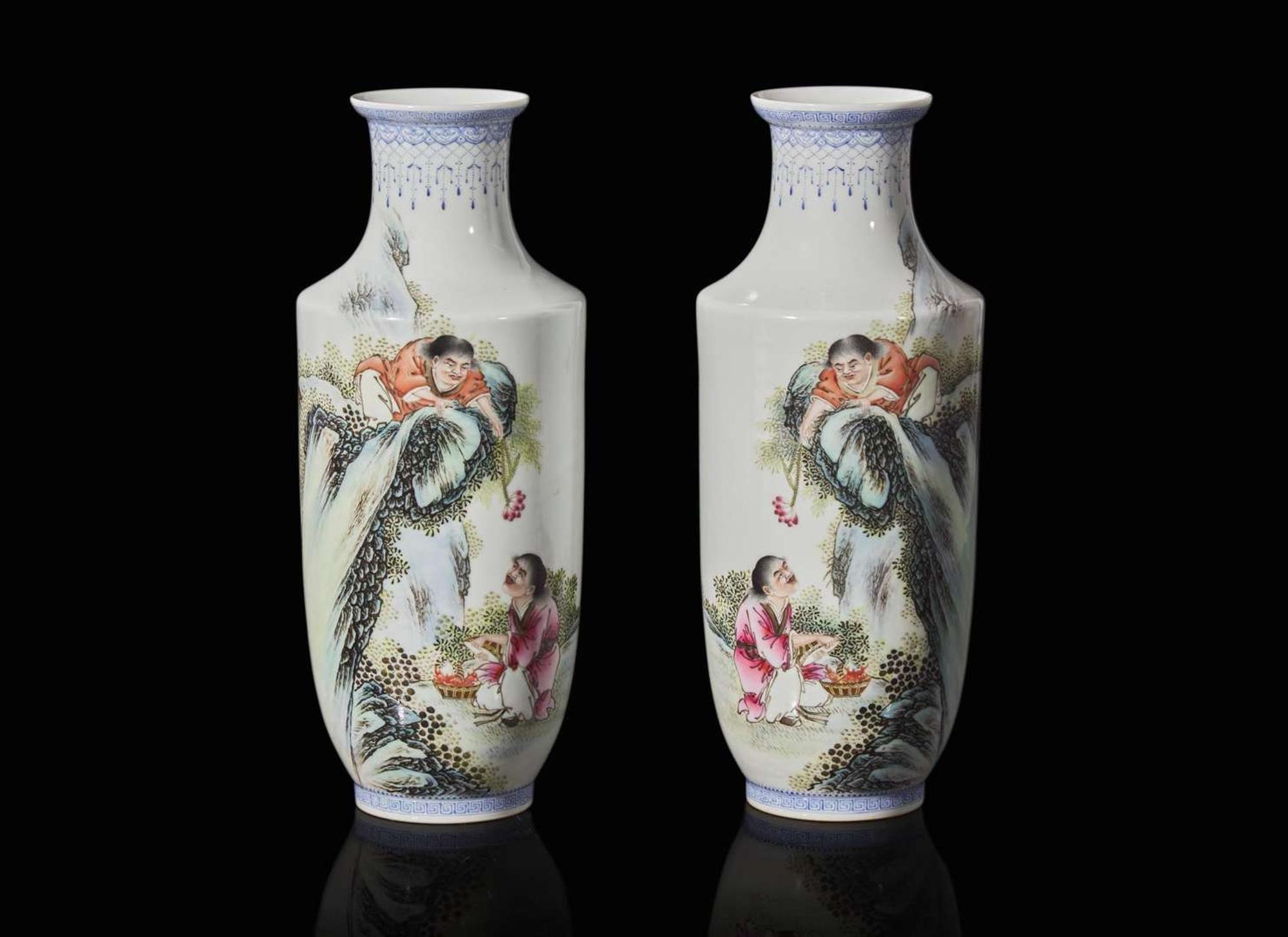 A pair of famille rose-decorated porcelain vases, Republic period 粉彩"和合二仙"瓶一對 民國
