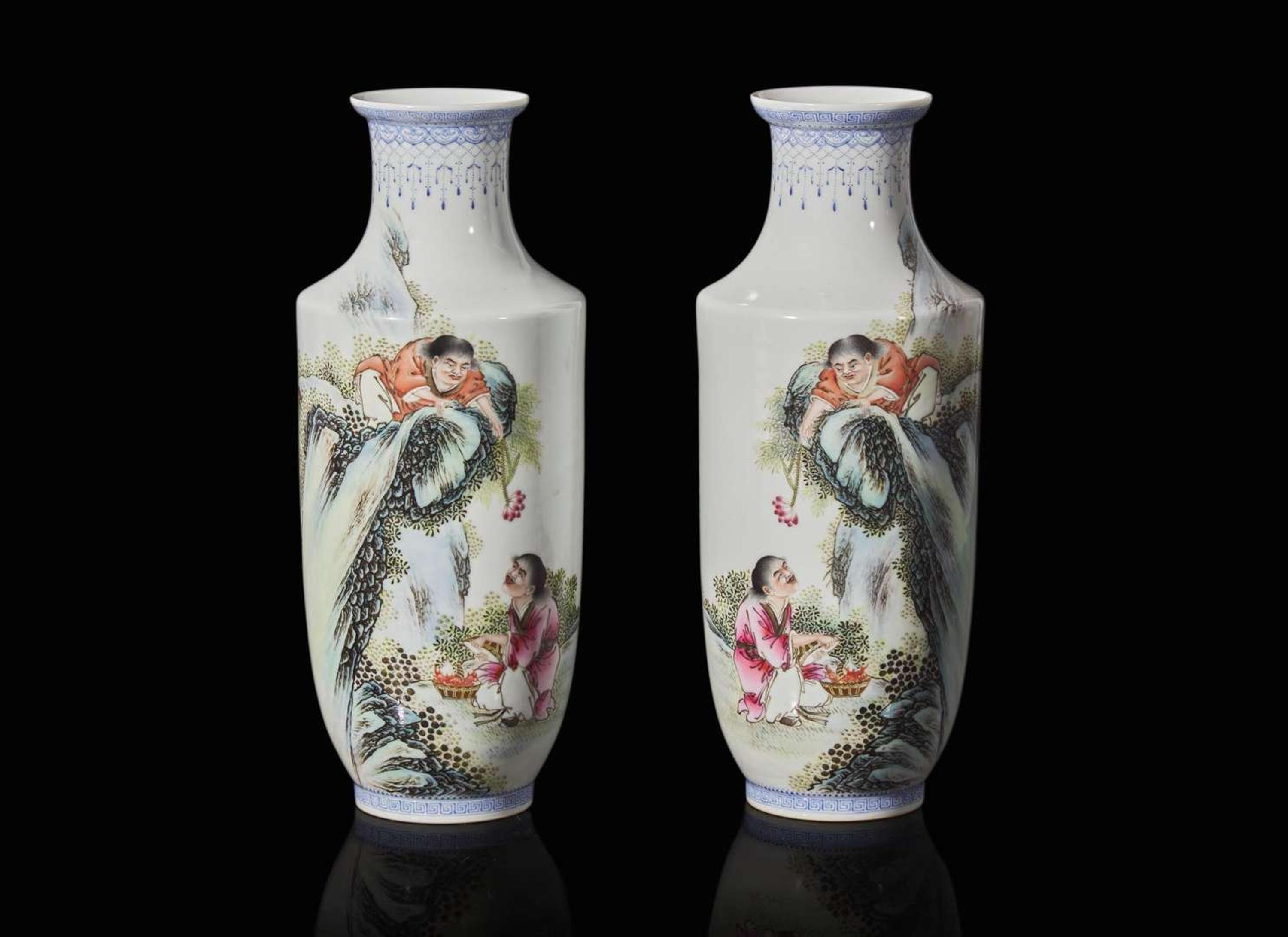 A pair of famille rose-decorated porcelain vases, Republic period 粉彩"和合二仙"瓶一對 民國