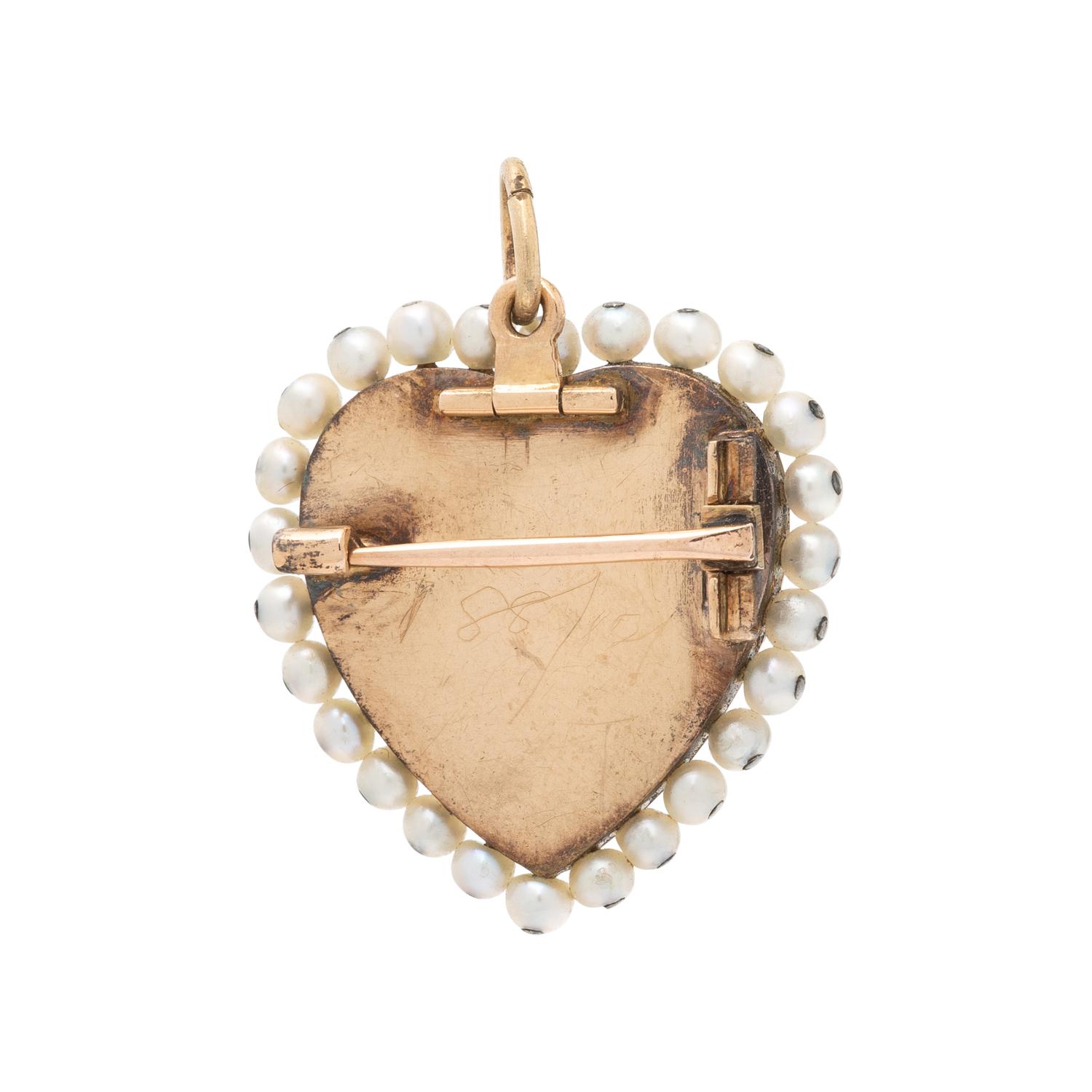 VICTORIAN, DIAMOND, ENAMEL, SEED PEARL, AND YELLOW GOLD HEART BROOCH/PENDANT