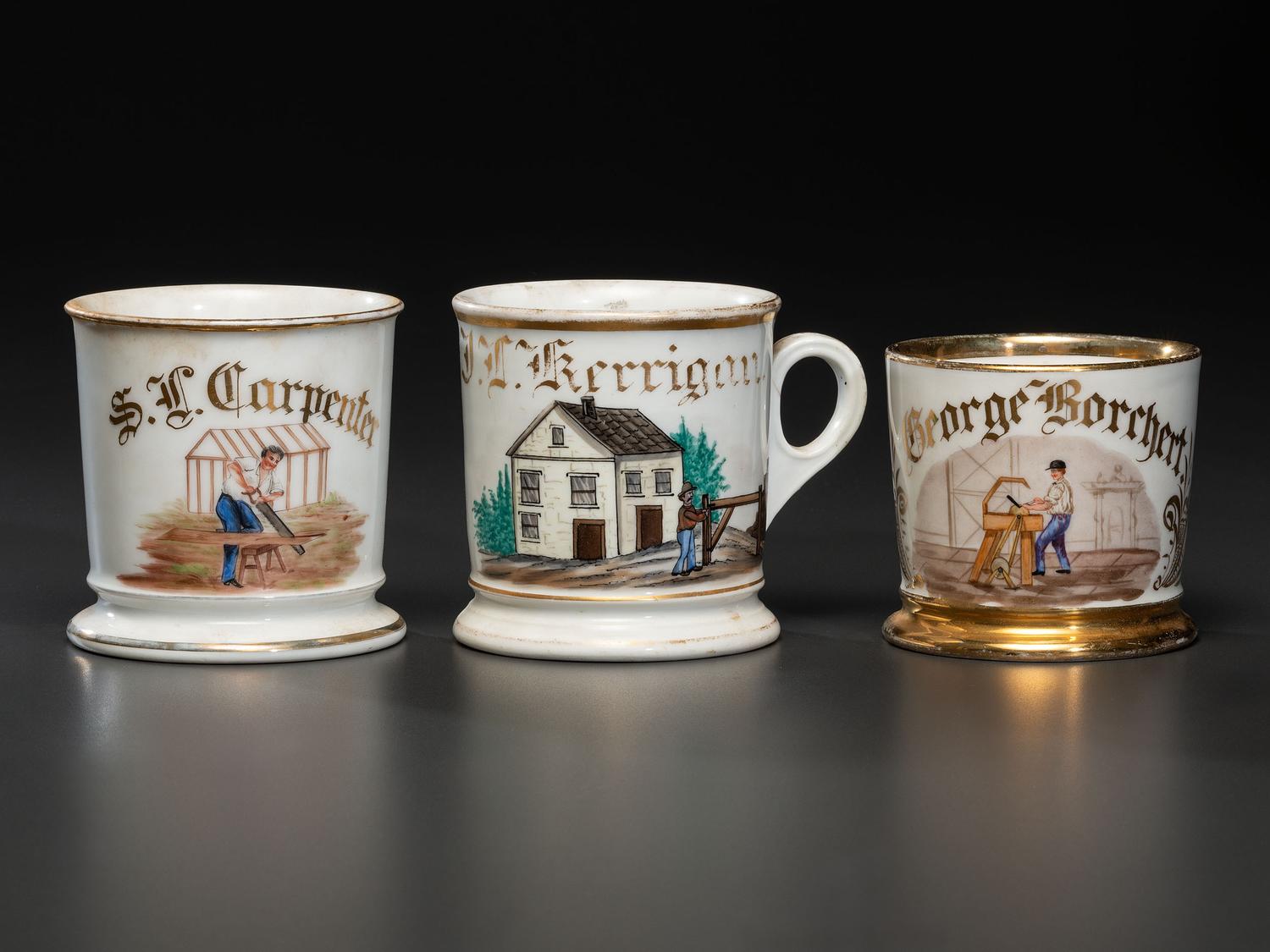 Three Carpentry Related Porcelain Occupational Shaving Mugs