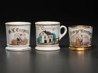 Three Carpentry Related Porcelain Occupational Shaving Mugs