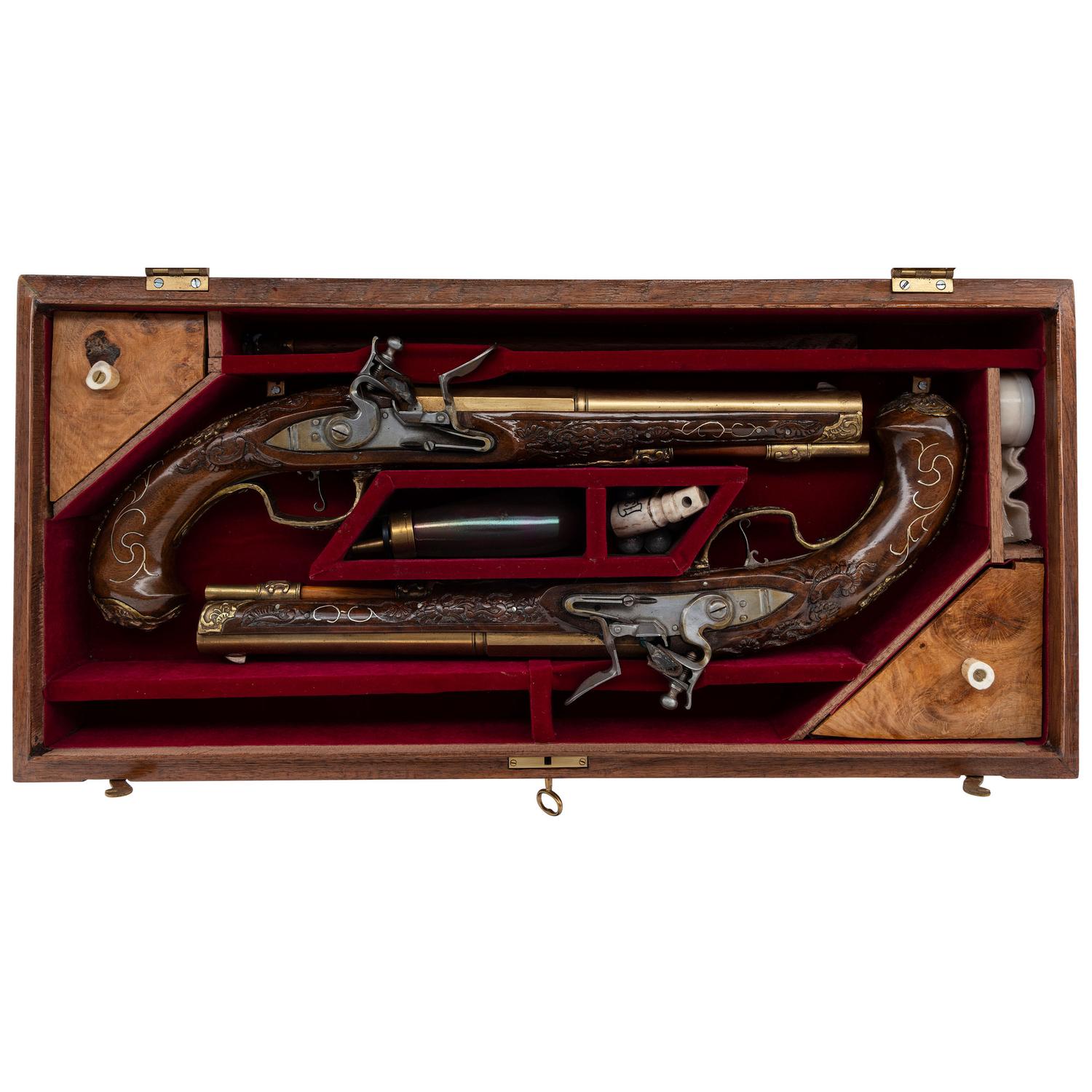 Contemporary Cased Pair of Flintlock Pistols in the Style of Leopold Becher by John B. Derrick (American, b.1936)