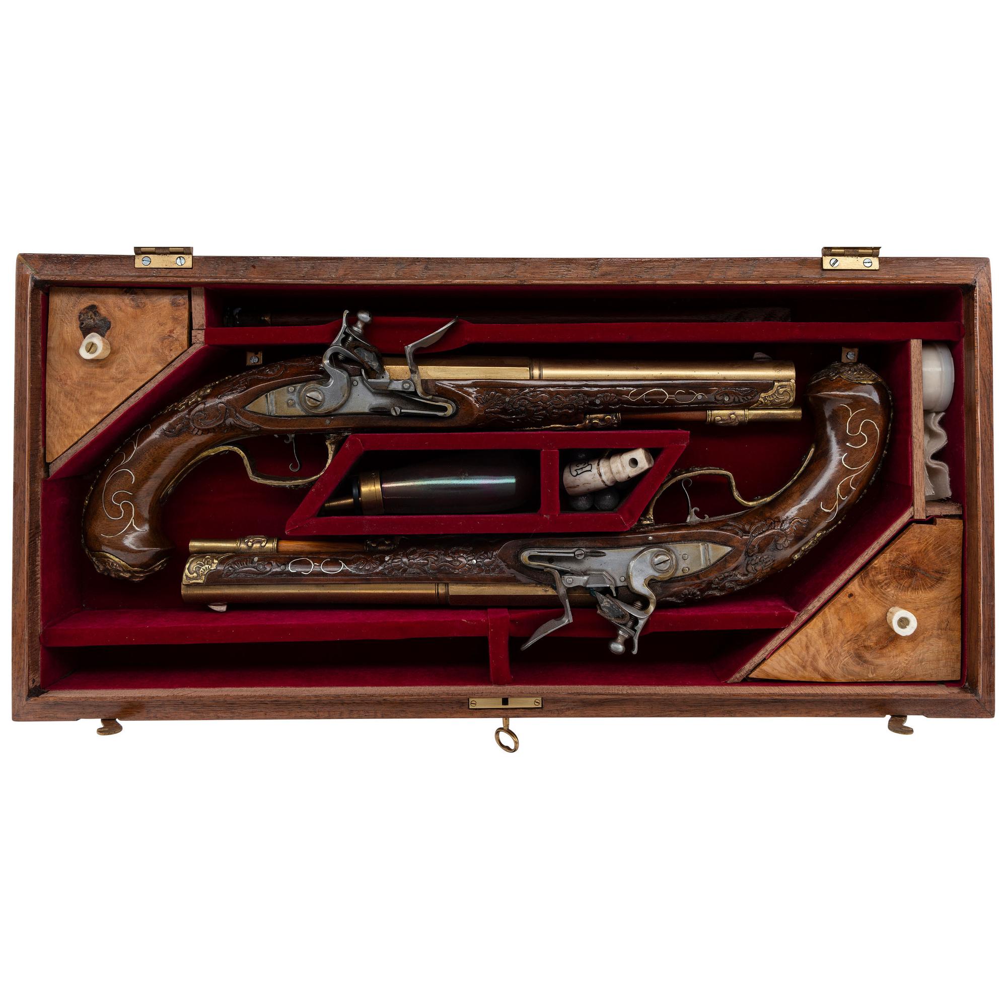 Contemporary Cased Pair of Flintlock Pistols in the Style of Leopold Becher by John B. Derrick (American, b.1936)