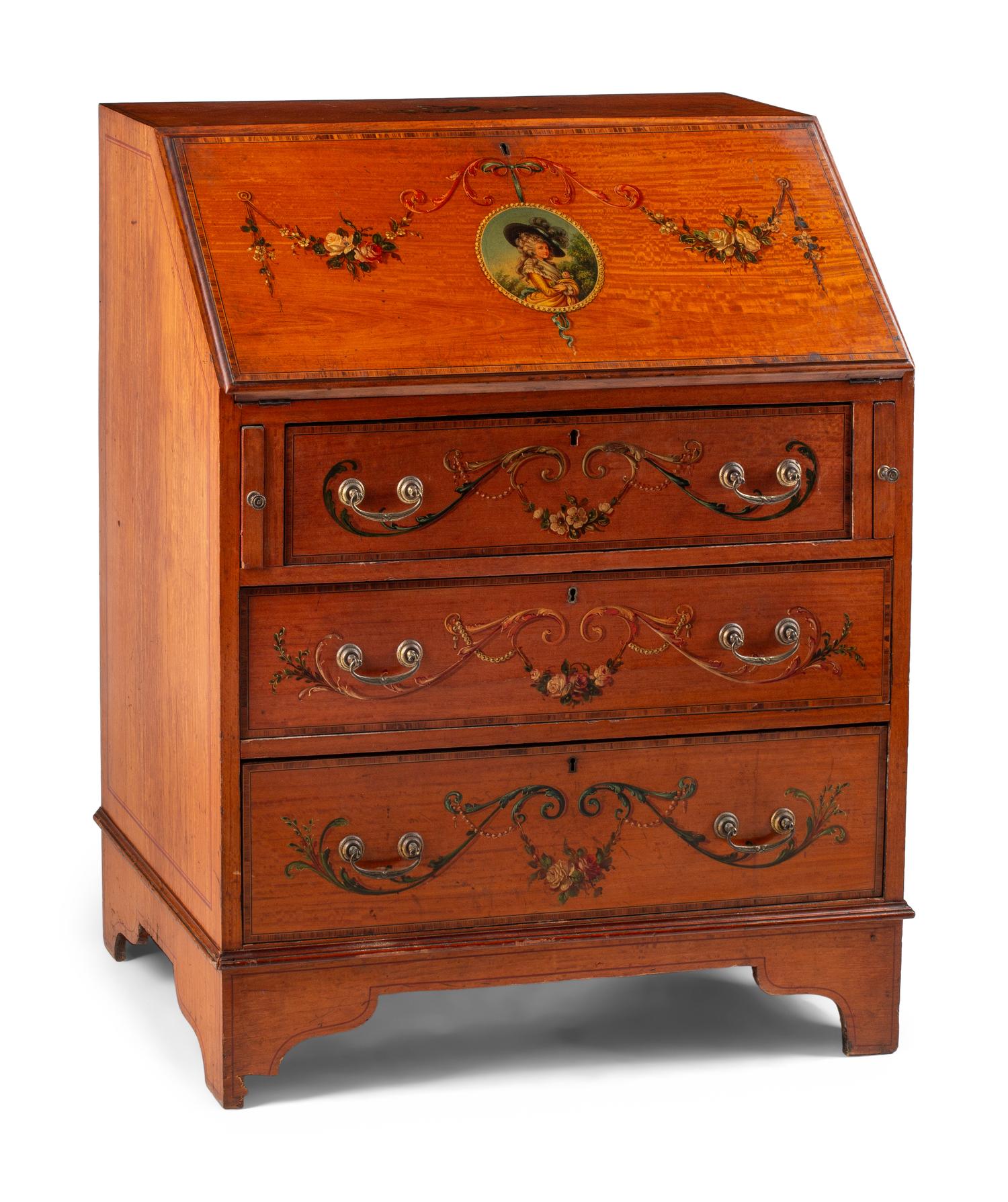 An Edwardian Paint Decorated Satinwood Slant-Front Bureau