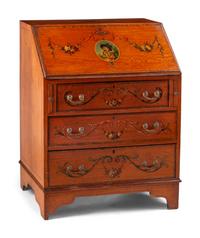 An Edwardian Paint Decorated Satinwood Slant-Front Bureau