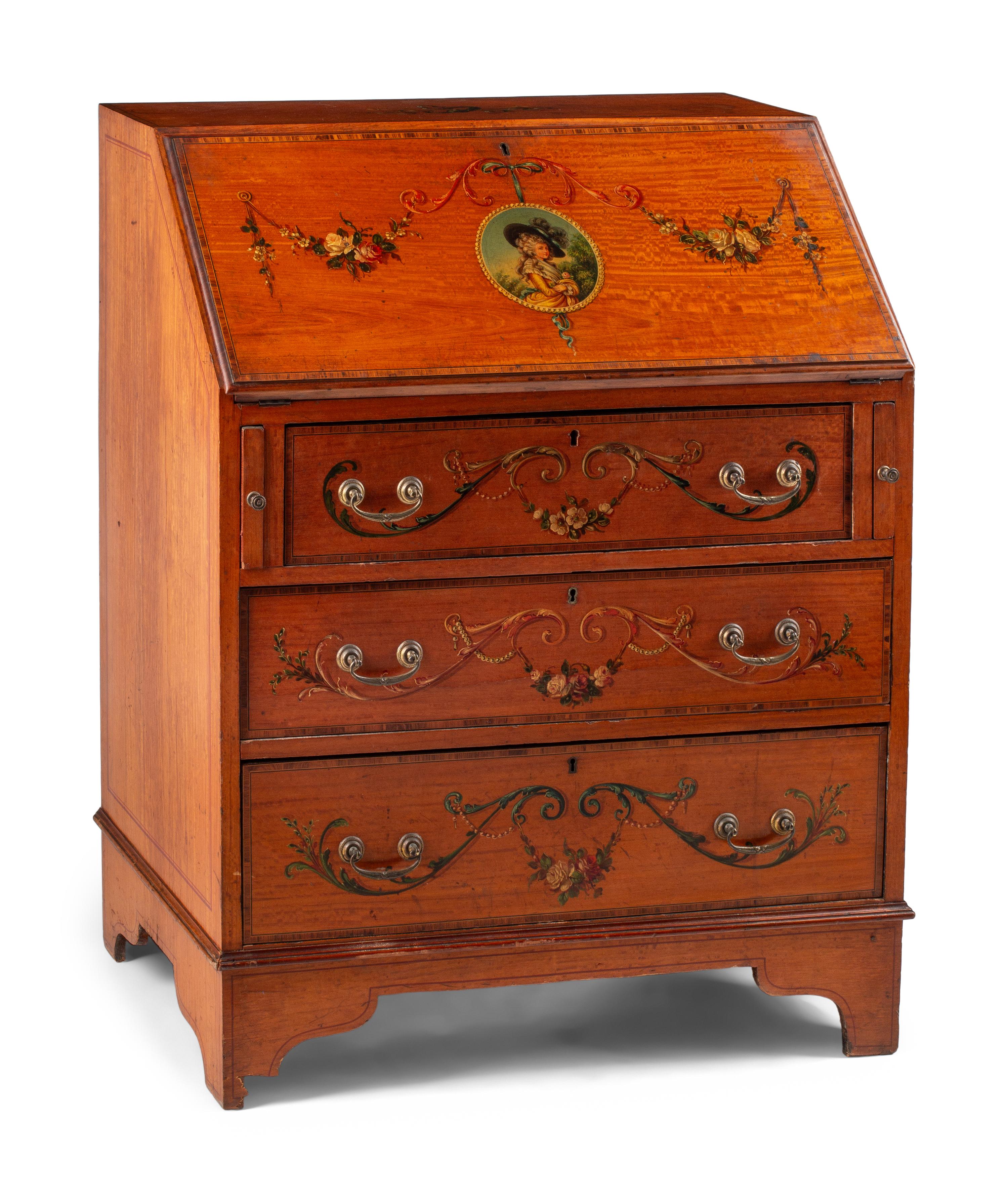 An Edwardian Paint Decorated Satinwood Slant-Front Bureau