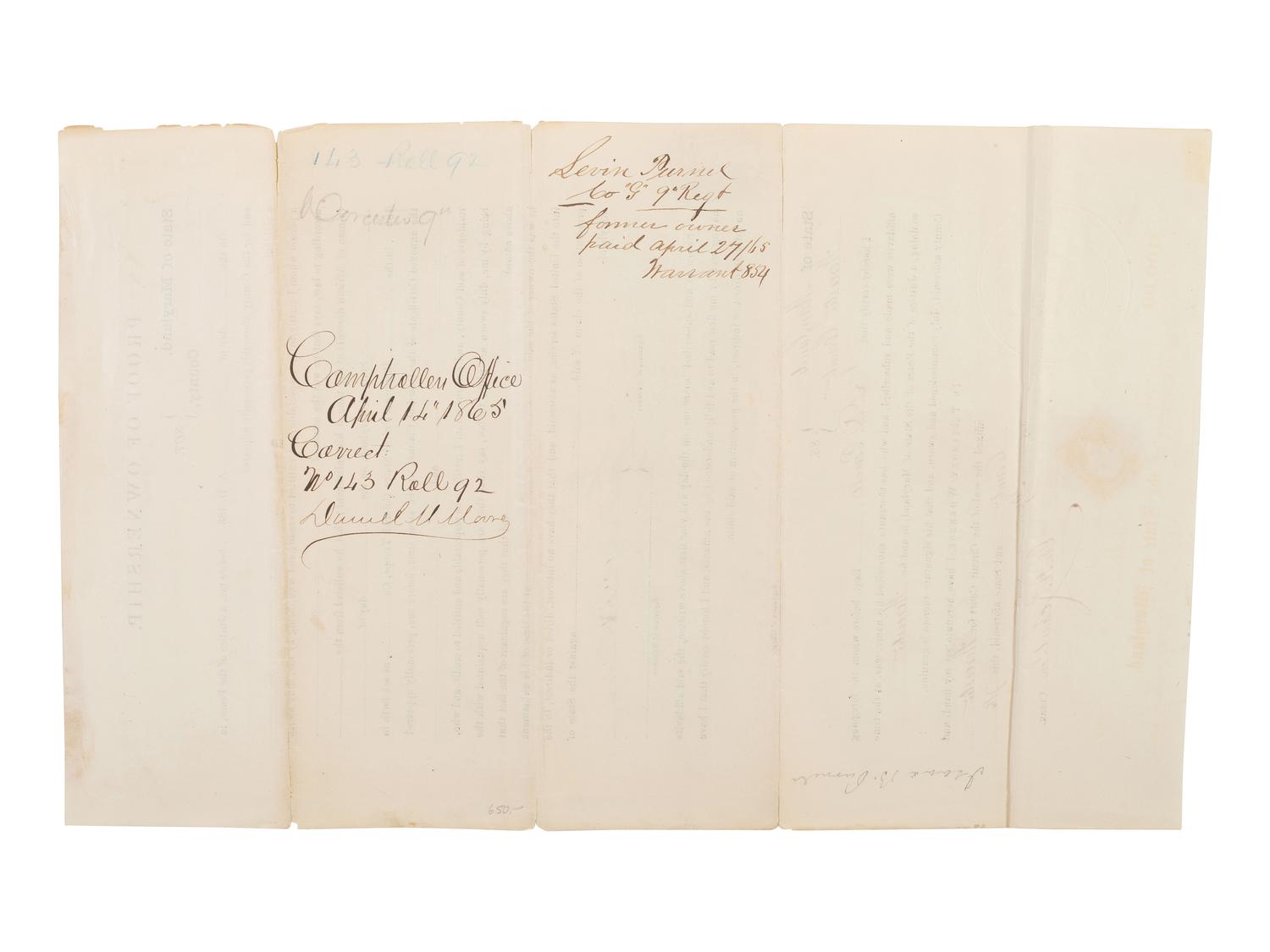 [ENSLAVEMENT & ABOLITION]. Maryland deed of manumission for Levin Purnell, an enslaved man who enlisted in the 9th United States Colored Troops. 1864.