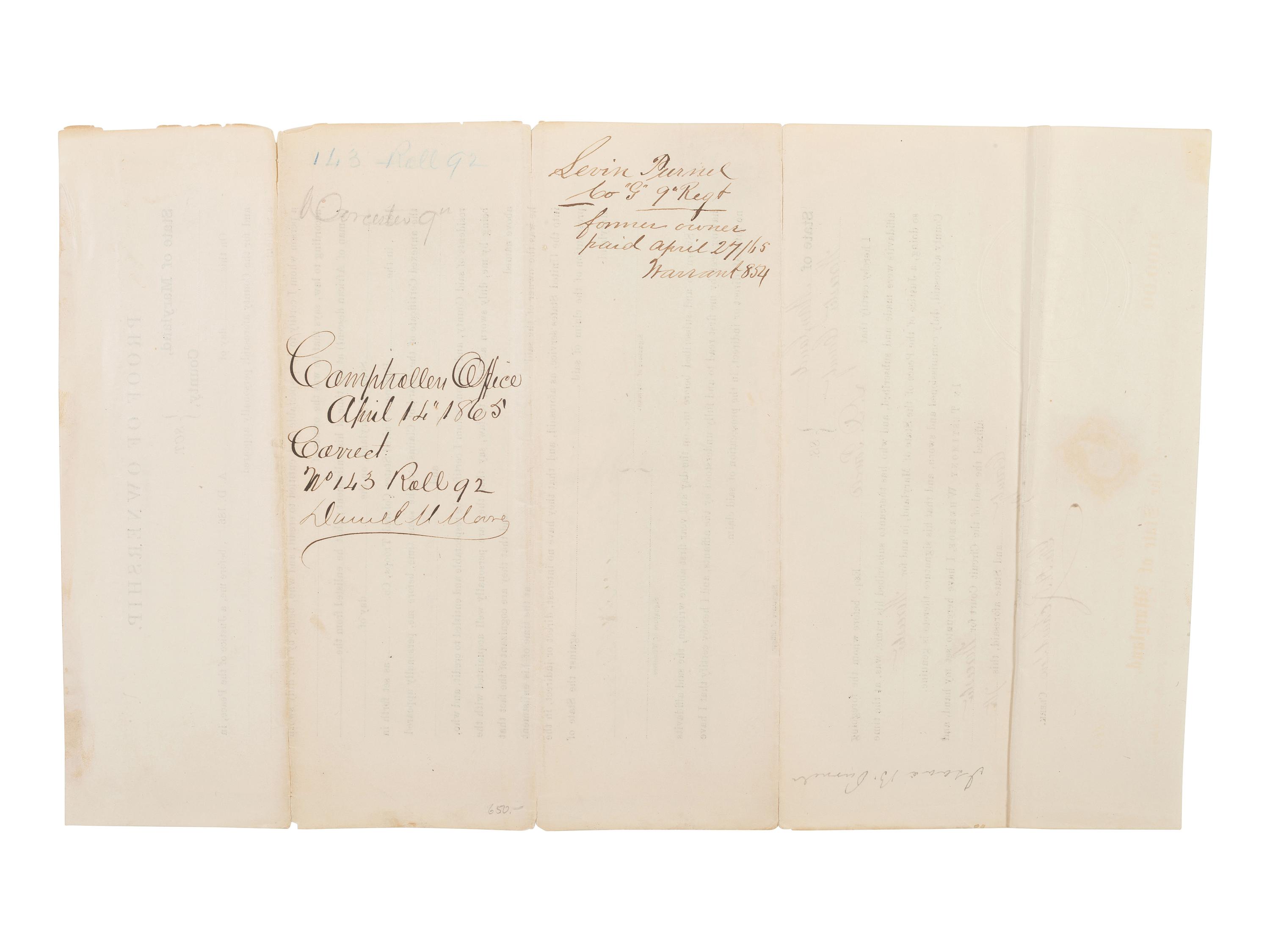[ENSLAVEMENT & ABOLITION]. Maryland deed of manumission for Levin Purnell, an enslaved man who enlisted in the 9th United States Colored Troops. 1864.