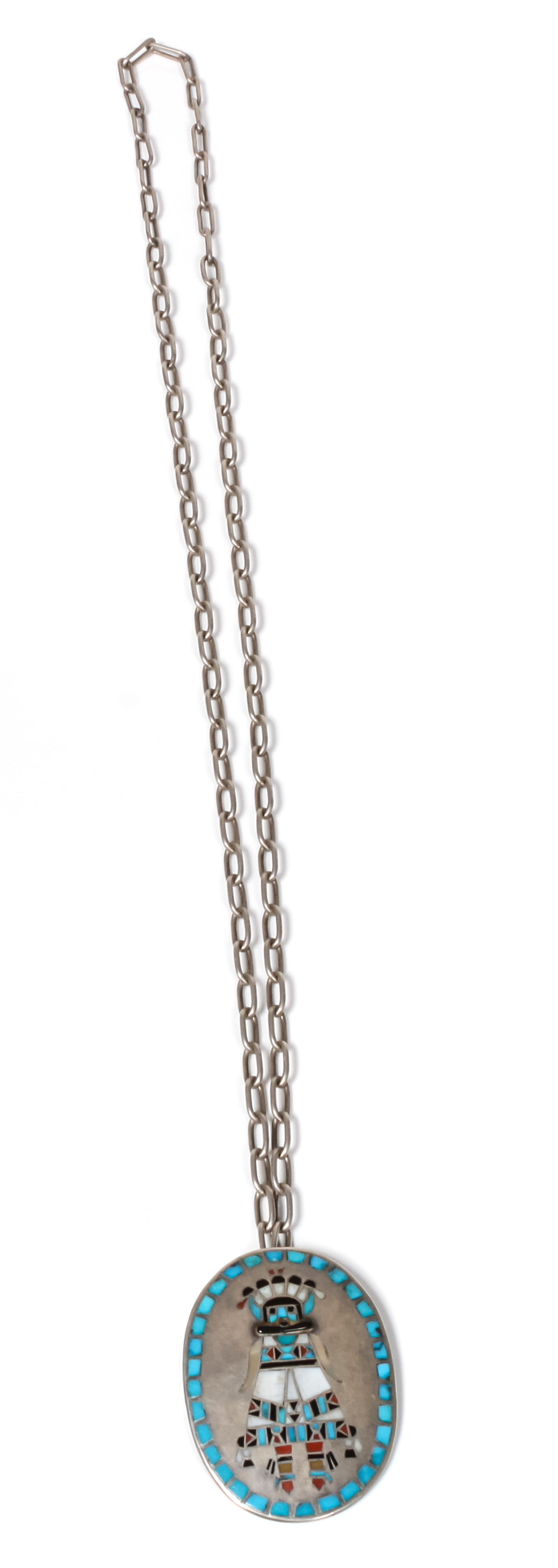 Zuni Mosaic Inlay Pendant, Attributed to Frank Vacit (1915-1999) Height 2 1/4 x width 1 3/4 inches, length of chain 28 inches