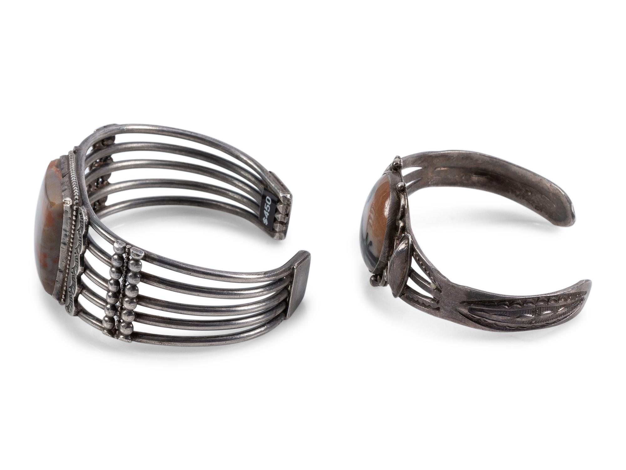 Navajo Silver and Petrified Wood Cuff Bracelets