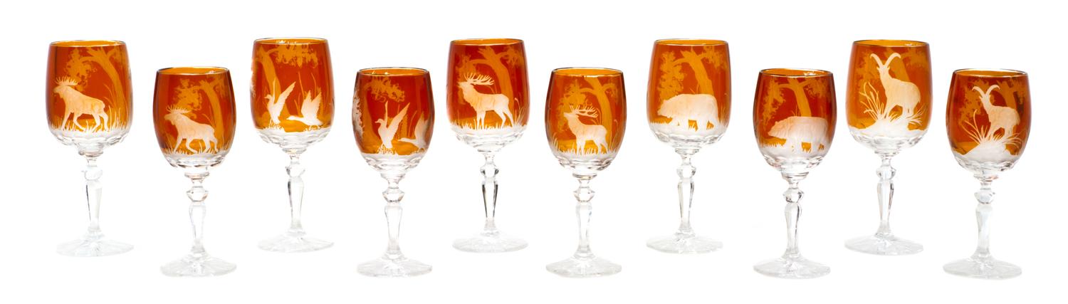 A Set of German Amber Cut to Clear Glass Stemware, Height of taller 7 1/4 inches.