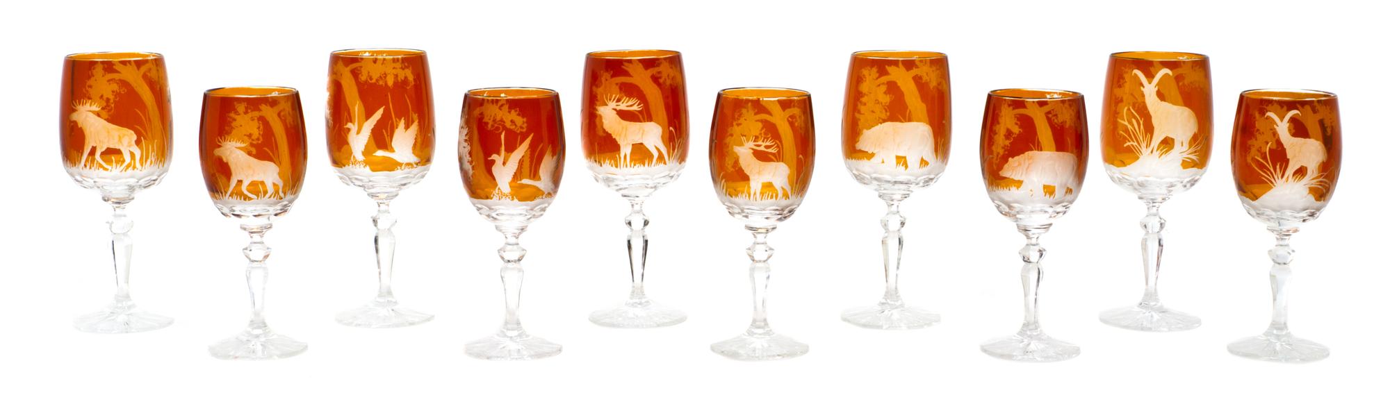 A Set of German Amber Cut to Clear Glass Stemware, Height of taller 7 1/4 inches.