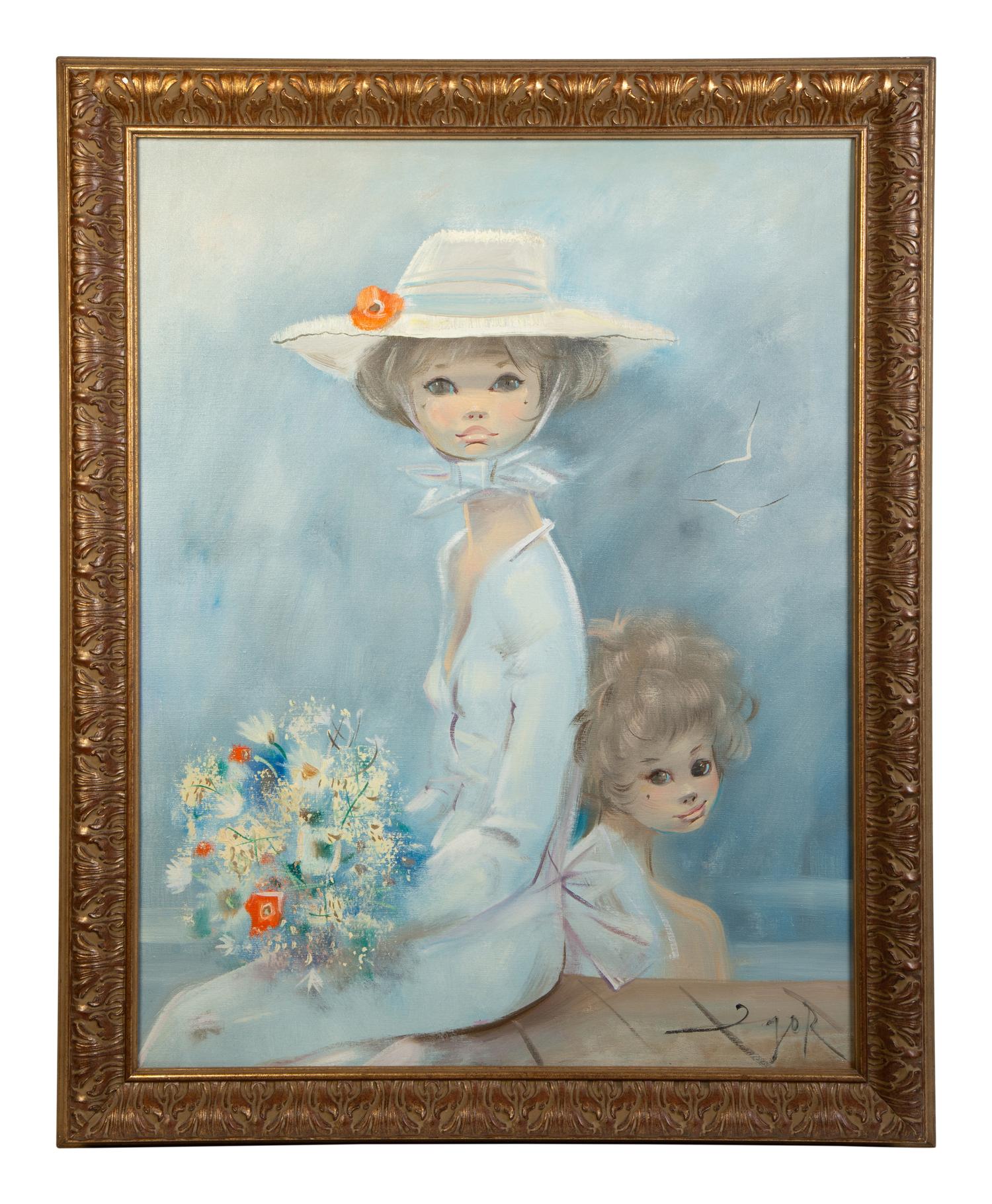 Two Young Gilrs, One Wearing a Hat and Holding a Floral Bouquet