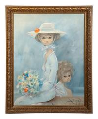 Two Young Gilrs, One Wearing a Hat and Holding a Floral Bouquet