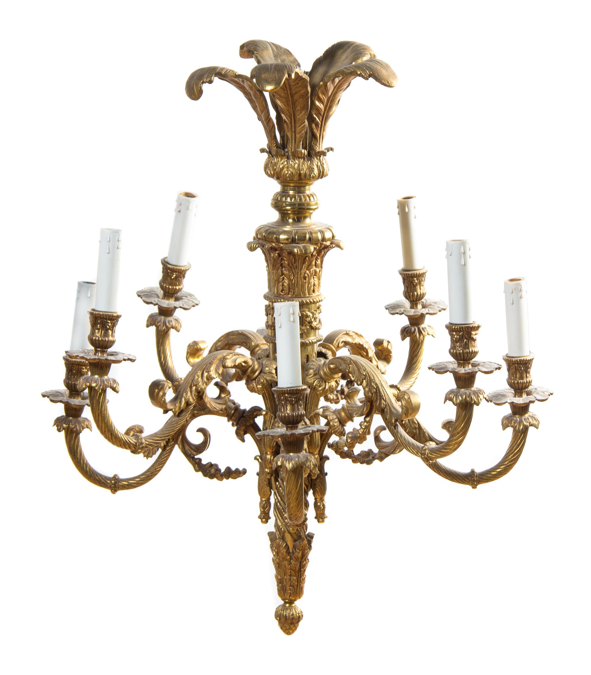 A Continental Gilt Bronze Eight-Light Chandelier Height 26 x diameter 24 inches.