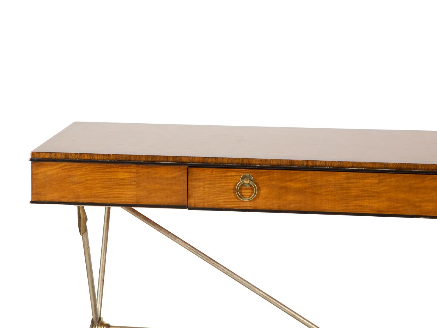 A Neoclasscial Style Crossbanded Walnut and Patinated Metal Console Table — 20TH CENTURY