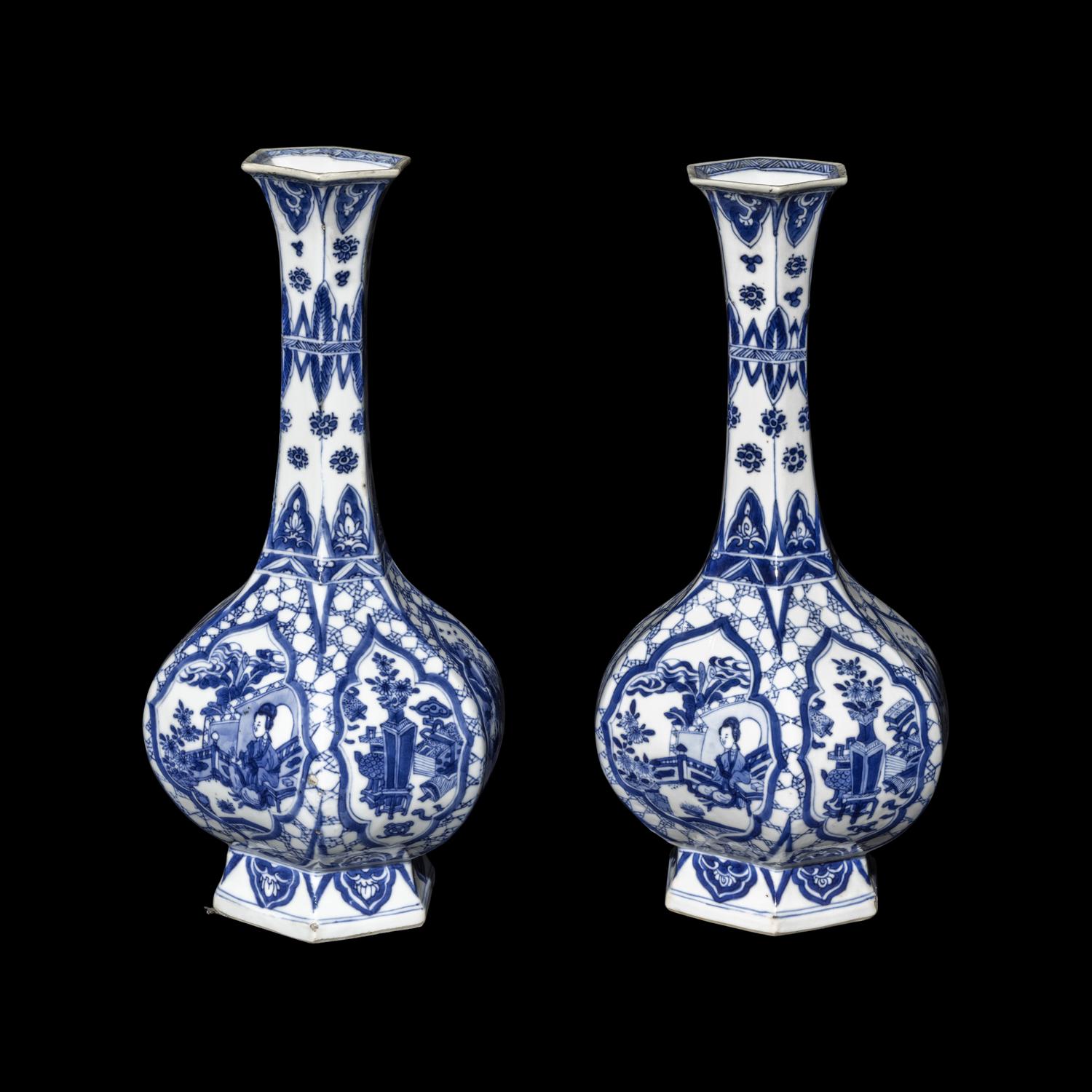 A Pair of Chinese Blue and White Porcelain Hexagonal Vases