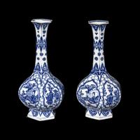 A Pair of Chinese Blue and White Porcelain Hexagonal Vases