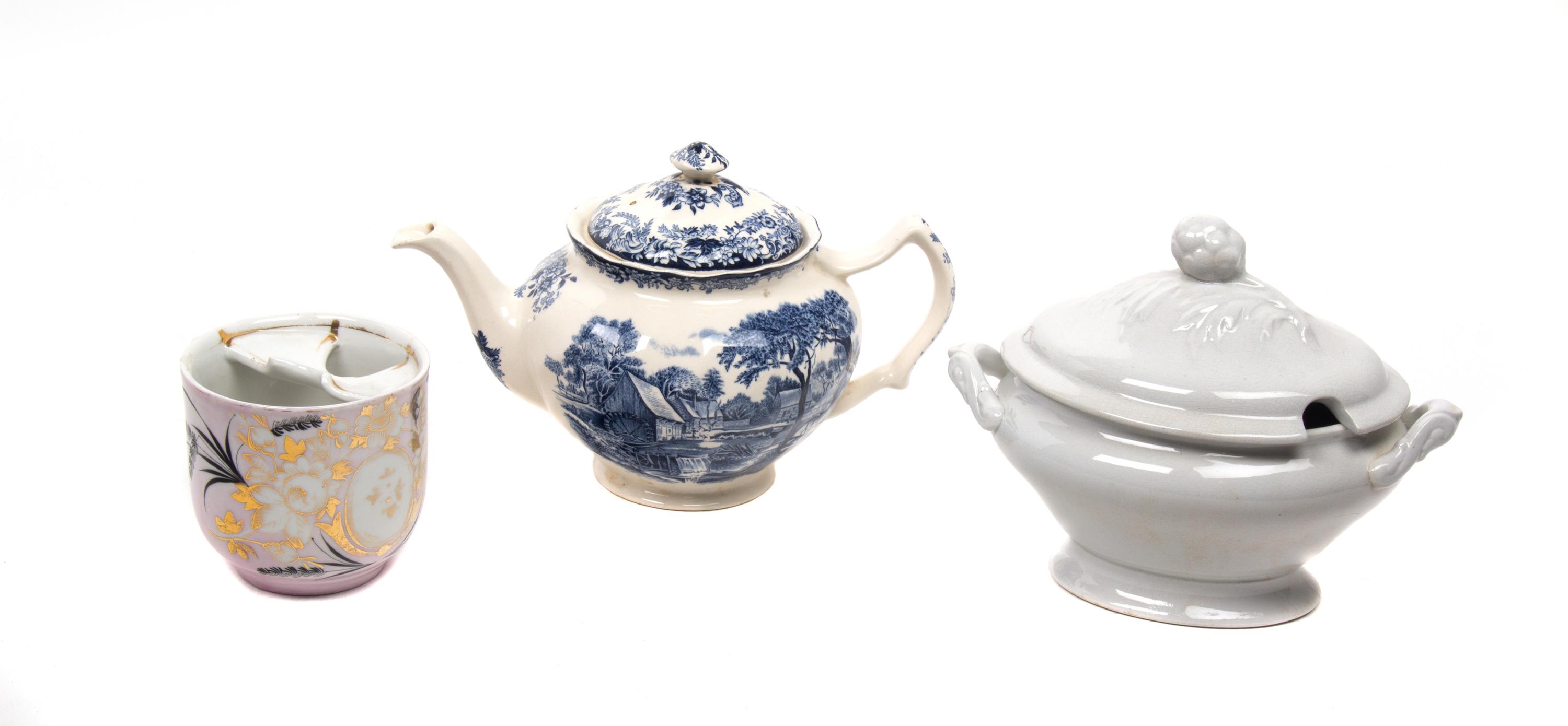 Three English Porcelain Articles Height of teapot 6 1/4 inches.