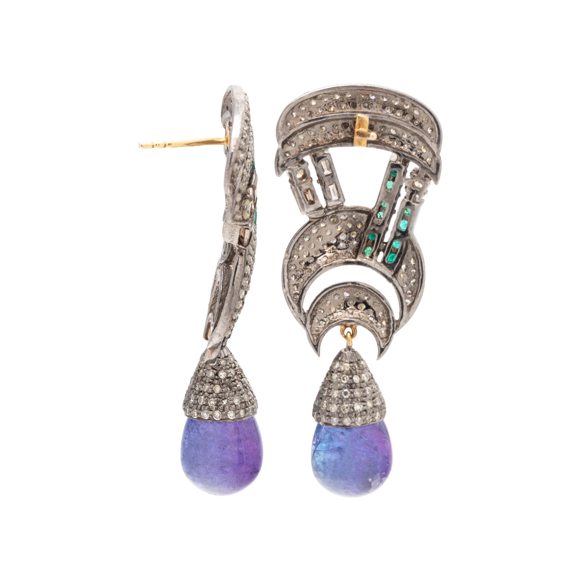 DIAMOND, EMERALD AND TANZANITE EARRINGS