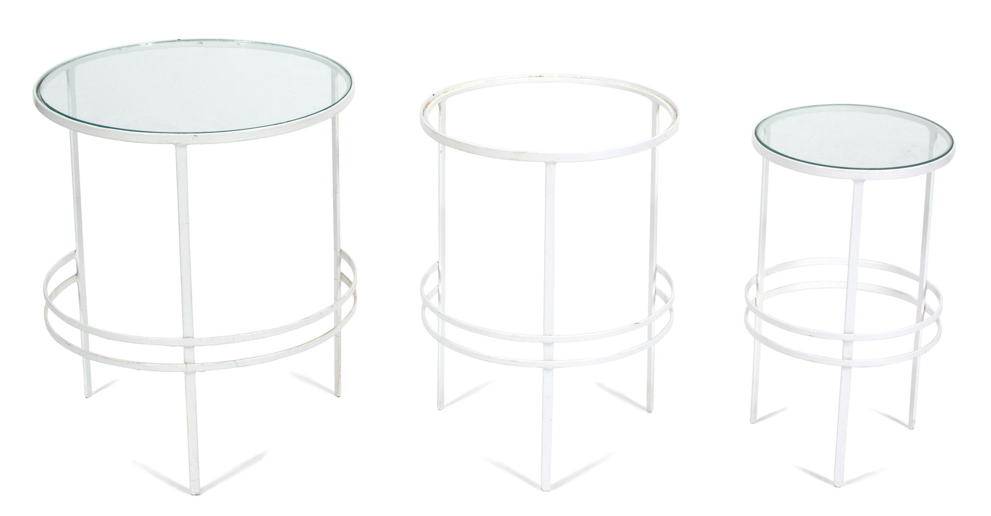 A Group of White Painted Iron Garden Furniture Dining table height 29 x length 60 x width 32 inches. — 20TH CENTURY