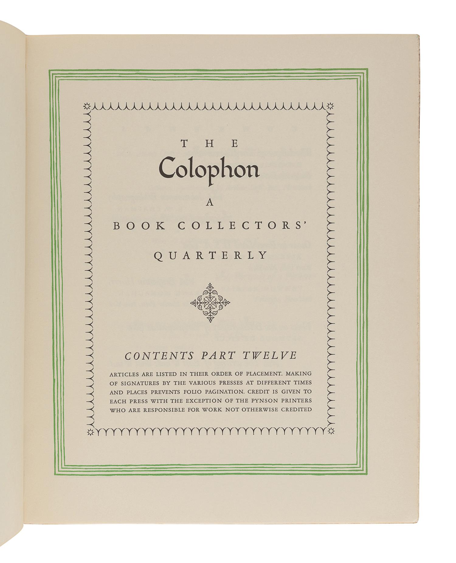 [BOOKS ABOUT BOOKS]. ADLER, Elmer (1884-1962) and WINTERICH, John T. (1891-1970), editors. The Colophon. A Book Collectors' Quarterly. Vols. 1-18, 20. New York: The Colophon Ltd., Pynson Printers, 1930-1935.