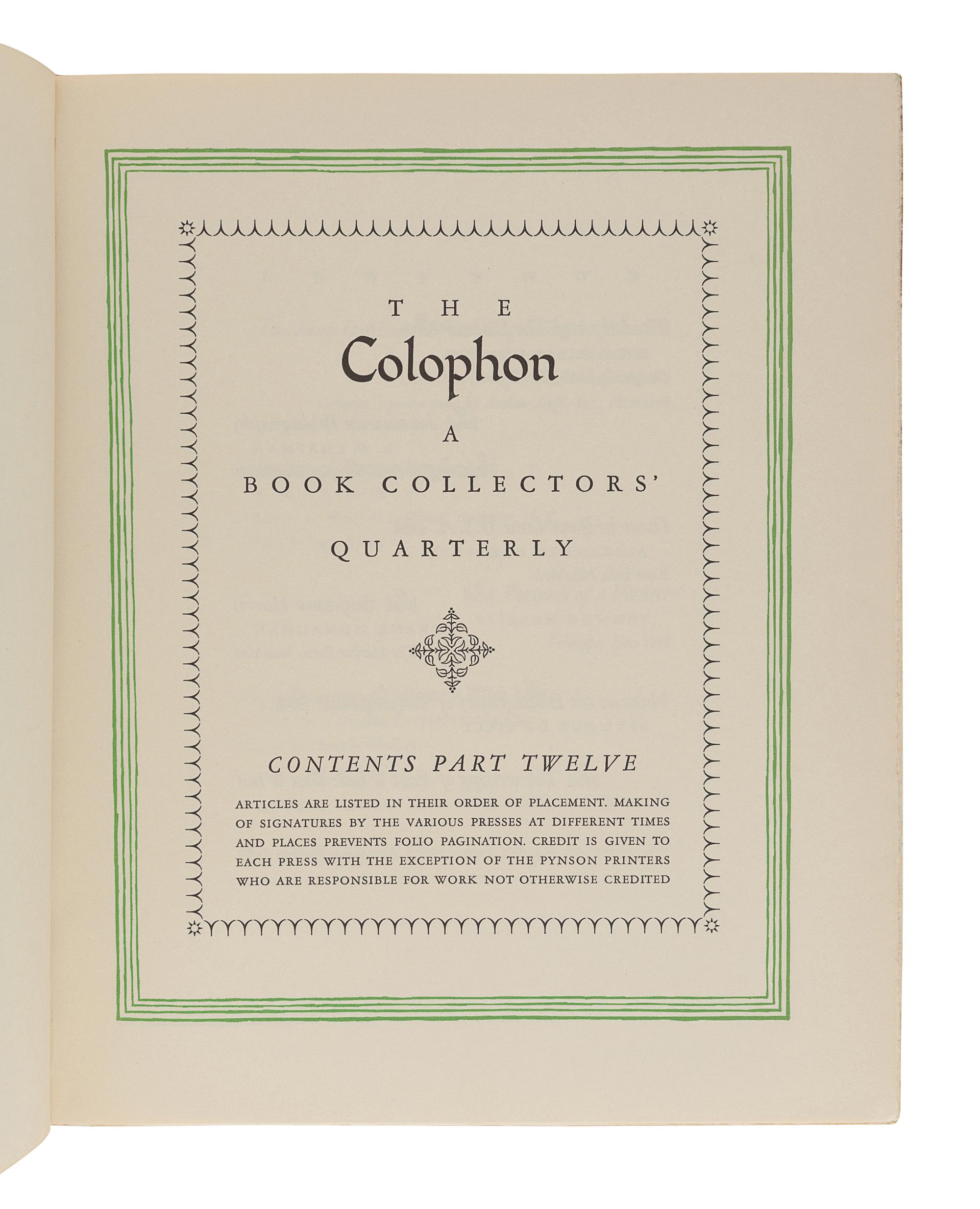[BOOKS ABOUT BOOKS]. ADLER, Elmer (1884-1962) and WINTERICH, John T. (1891-1970), editors. The Colophon. A Book Collectors' Quarterly. Vols. 1-18, 20. New York: The Colophon Ltd., Pynson Printers, 1930-1935.