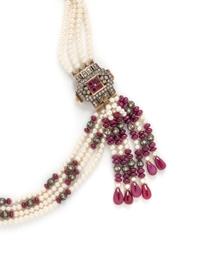 RUBY, DIAMOND, AND CULTURED PEARL TASSEL NECKLACE