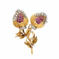 YELLOW GOLD, RUBY, AND DIAMOND FLORAL AND FOLIATE BROOCH