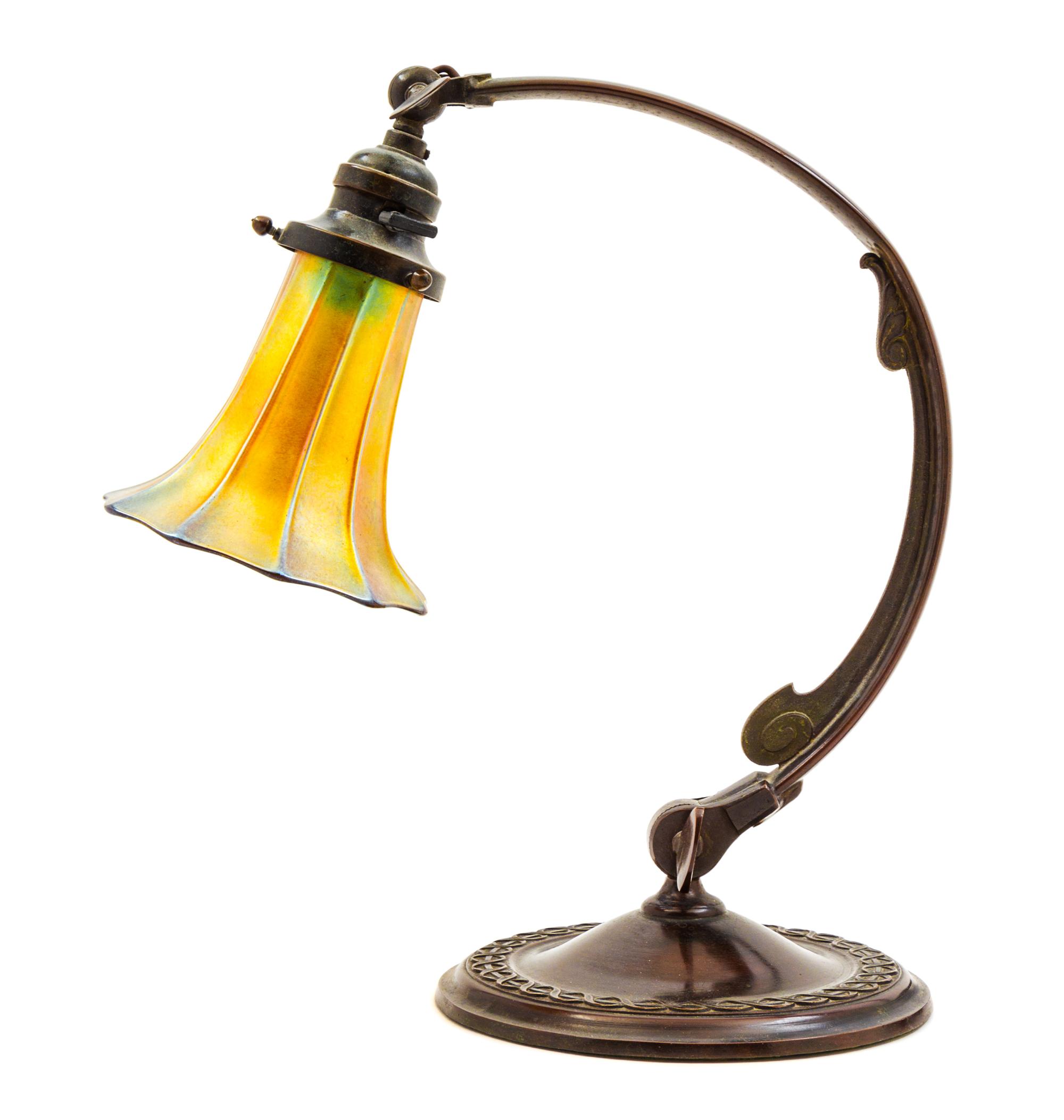 A Handel Bronze and Steuben Glass Piano Lamp Height overall 13 3/4 inches.