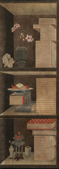 Attributed to Lee Taek-Gyun (Korean, 1808-after 1883) 李宅均（款） （朝鮮王朝，1808-1883以后） 《冊架圖》四扇屏