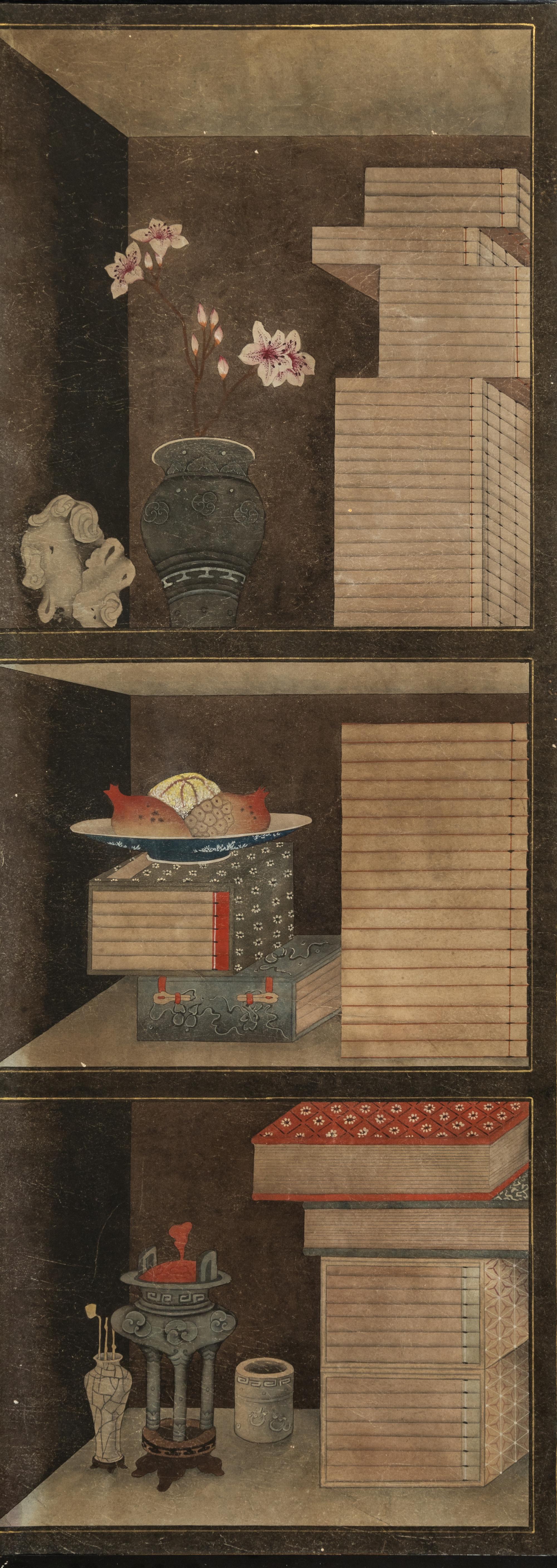Attributed to Lee Taek-Gyun (Korean, 1808-after 1883) 李宅均（款） （朝鮮王朝，1808-1883以后） 《冊架圖》四扇屏