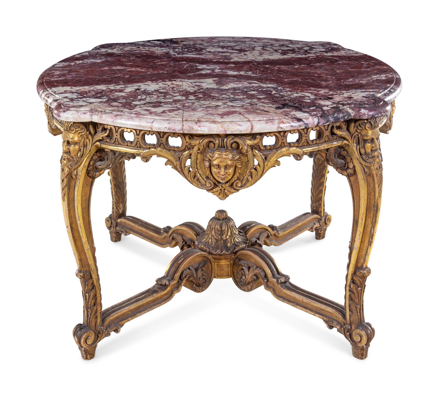 A Louis XV Style Giltwood Marble-Top Center Table