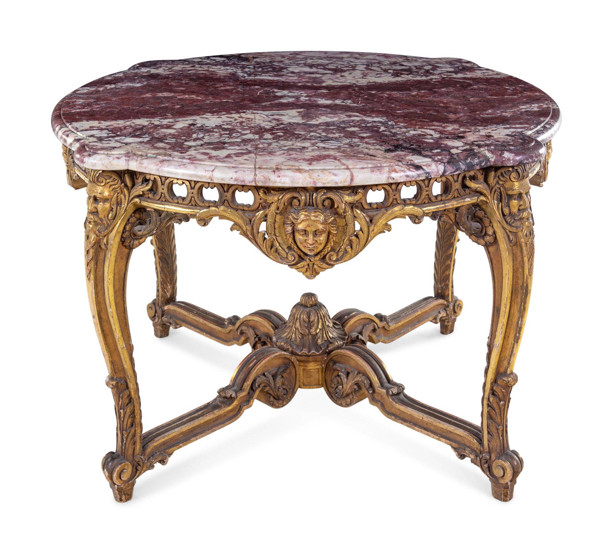 A Louis XV Style Giltwood Marble-Top Center Table