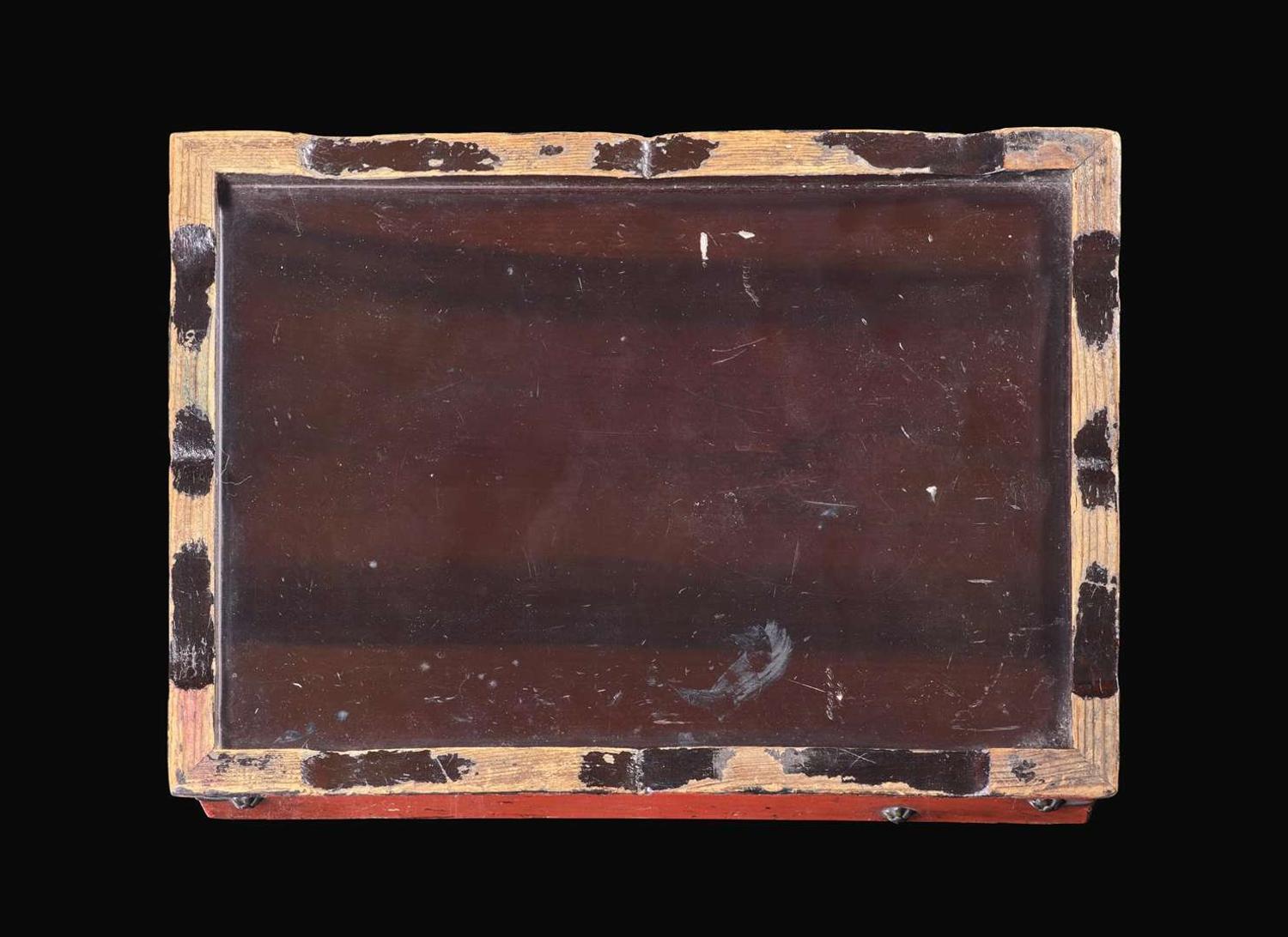 A Korean metal-mounted red lacquer writing or inkstone box, Joseon dynasty 紅色漆盒 朝鮮王朝