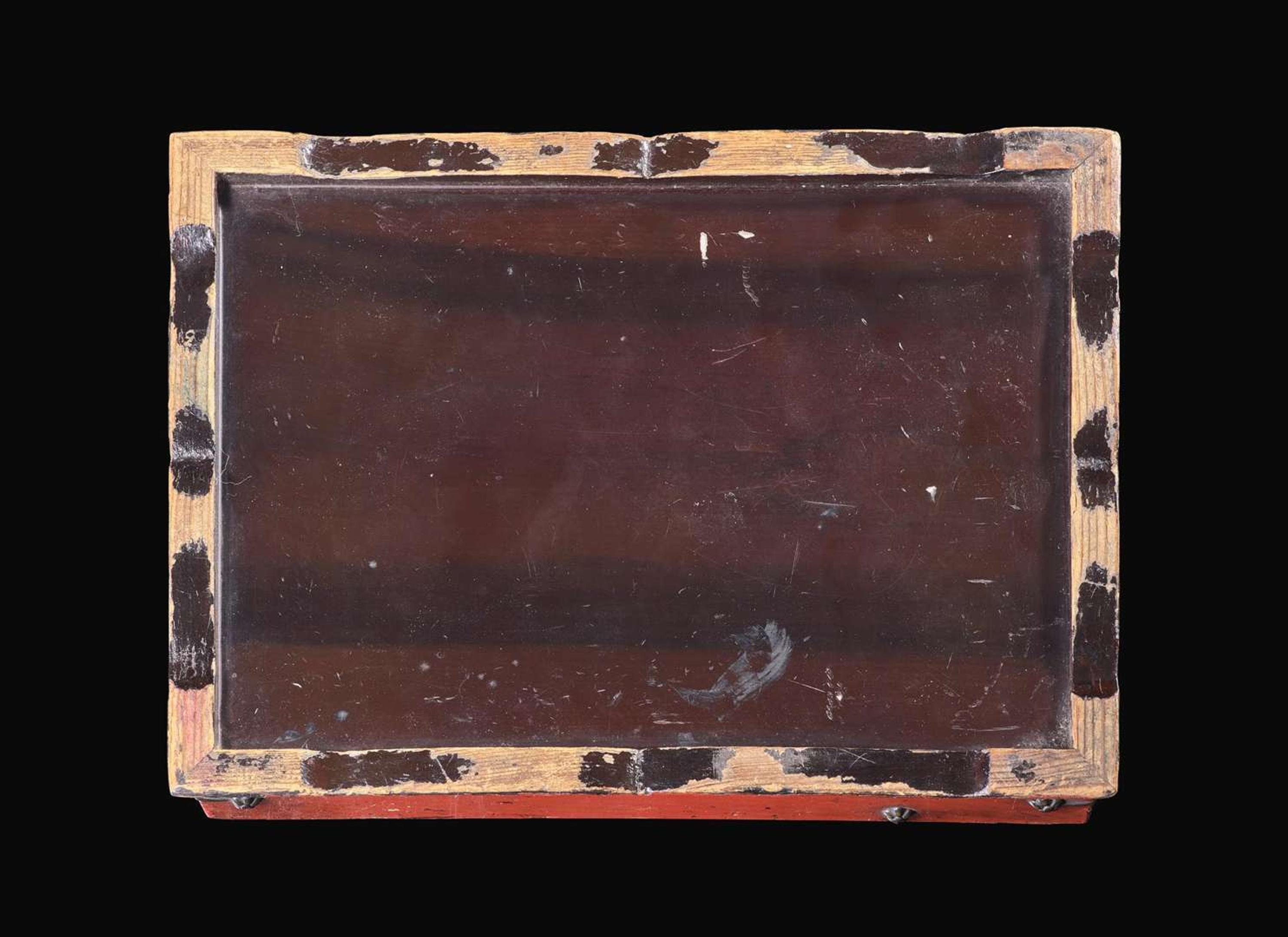 A Korean metal-mounted red lacquer writing or inkstone box, Joseon dynasty 紅色漆盒 朝鮮王朝