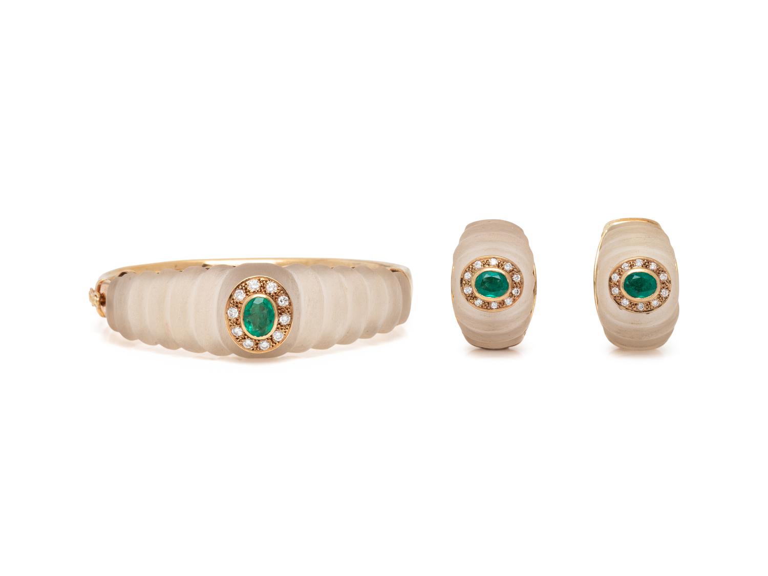 ROCK CRYSTAL QUARTZ, EMERALD, AND DIAMOND BRACELET AND EARRINGS