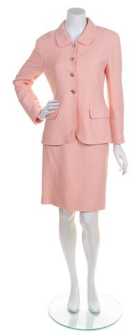 A Chanel Pink and Yellow Tweed Skirt Suit, Size 40.