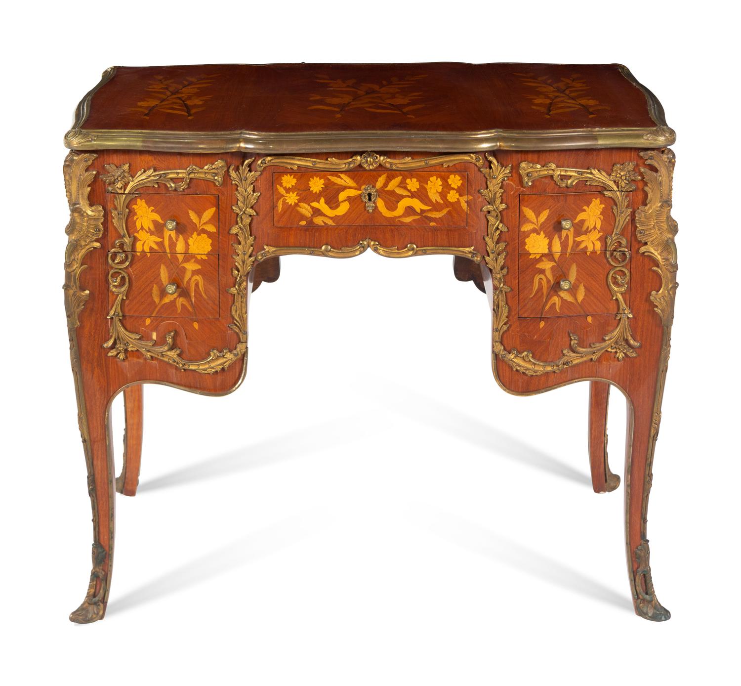 A Louis XV Style Gilt Bronze Mounted Marquetry Desk