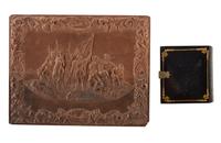 [EARLY PHOTOGRAPHY - PORTRAITURE]. A pair of daguerreotypes featuring a father holding his daughter on his lap, with hand painted and other cases, including: