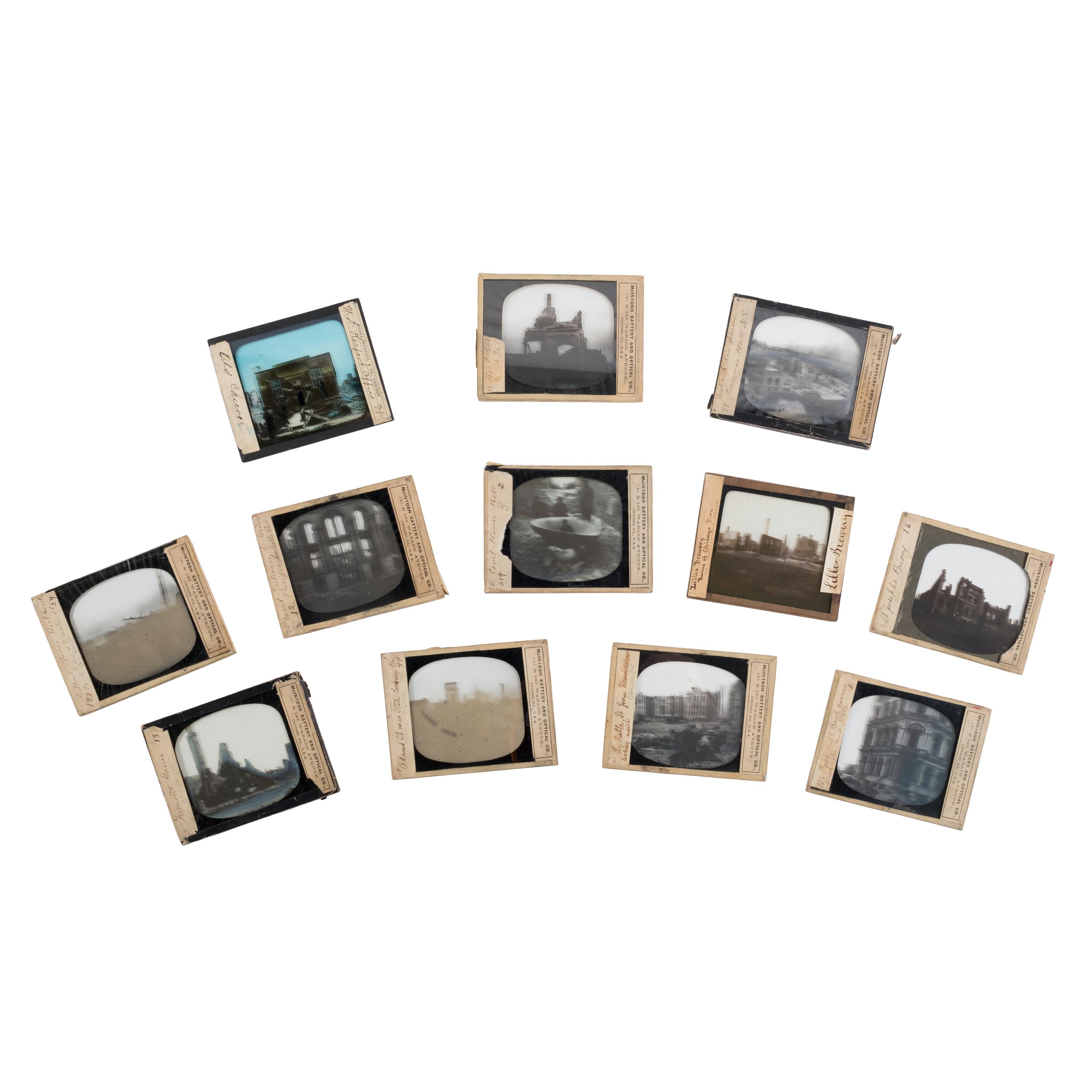 [Chicago Fire]. A collection of approx. 80 CDVs, cabinet cards, albumen prints, and glass slides taken after the Chicago Fire of 1871.