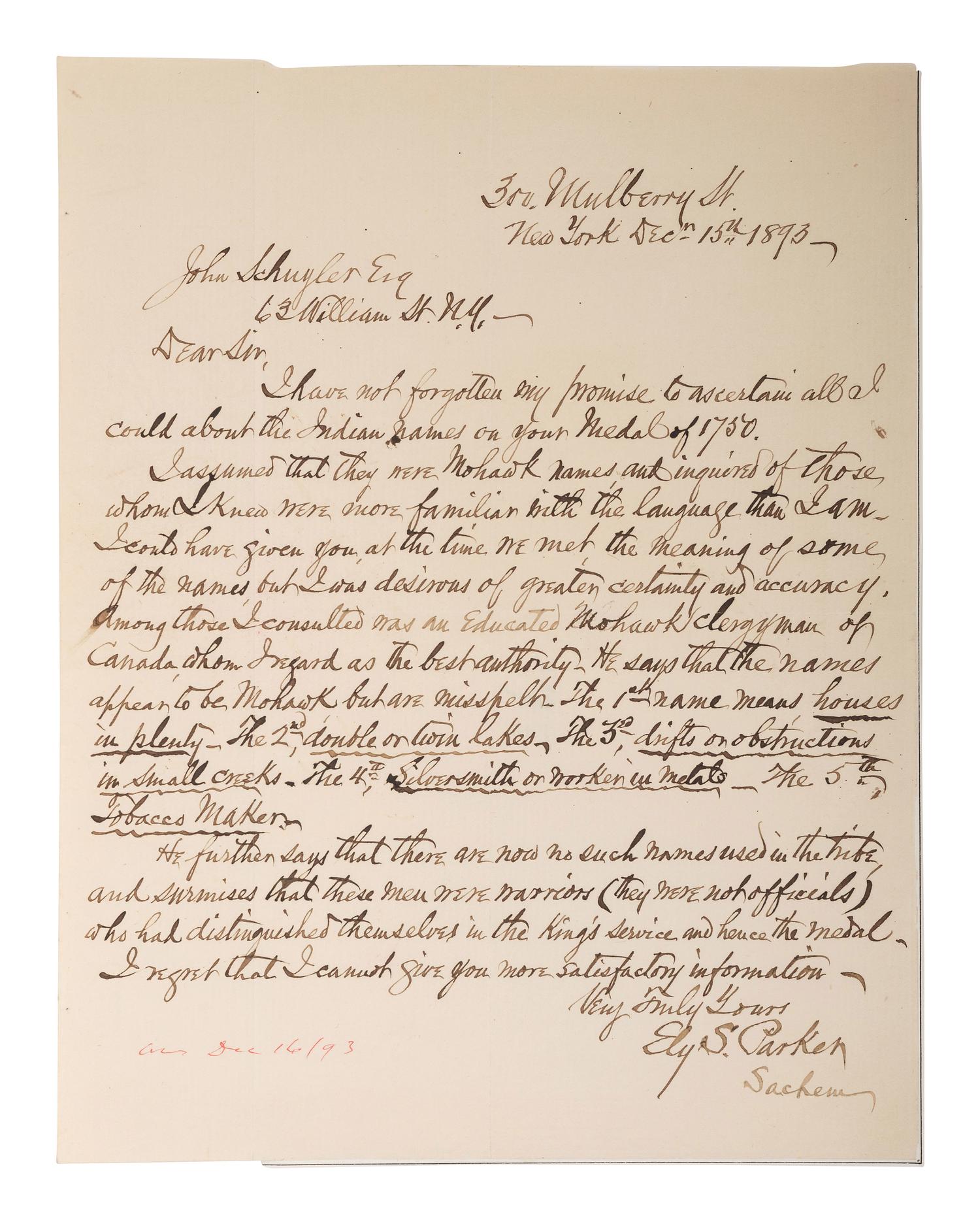 PARKER, Ely S. (1828-1895). Autograph letter signed ("Ely S. Parker / Sachem"). New York, 15 December 1893.