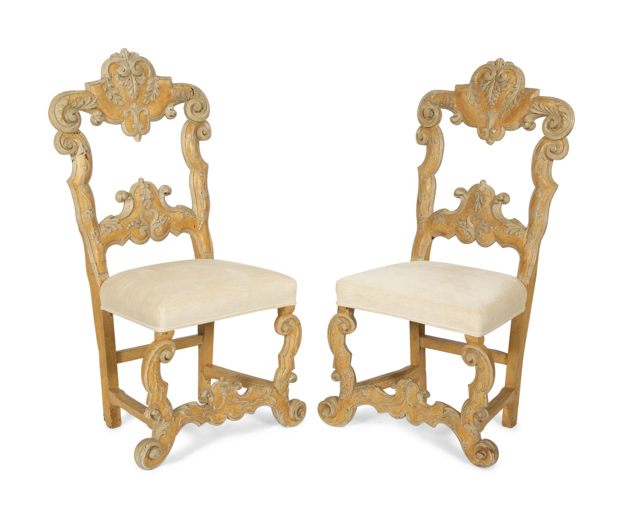 A Set of Six Continental Carved and Cream and Yellow-Painted Dining Chairs