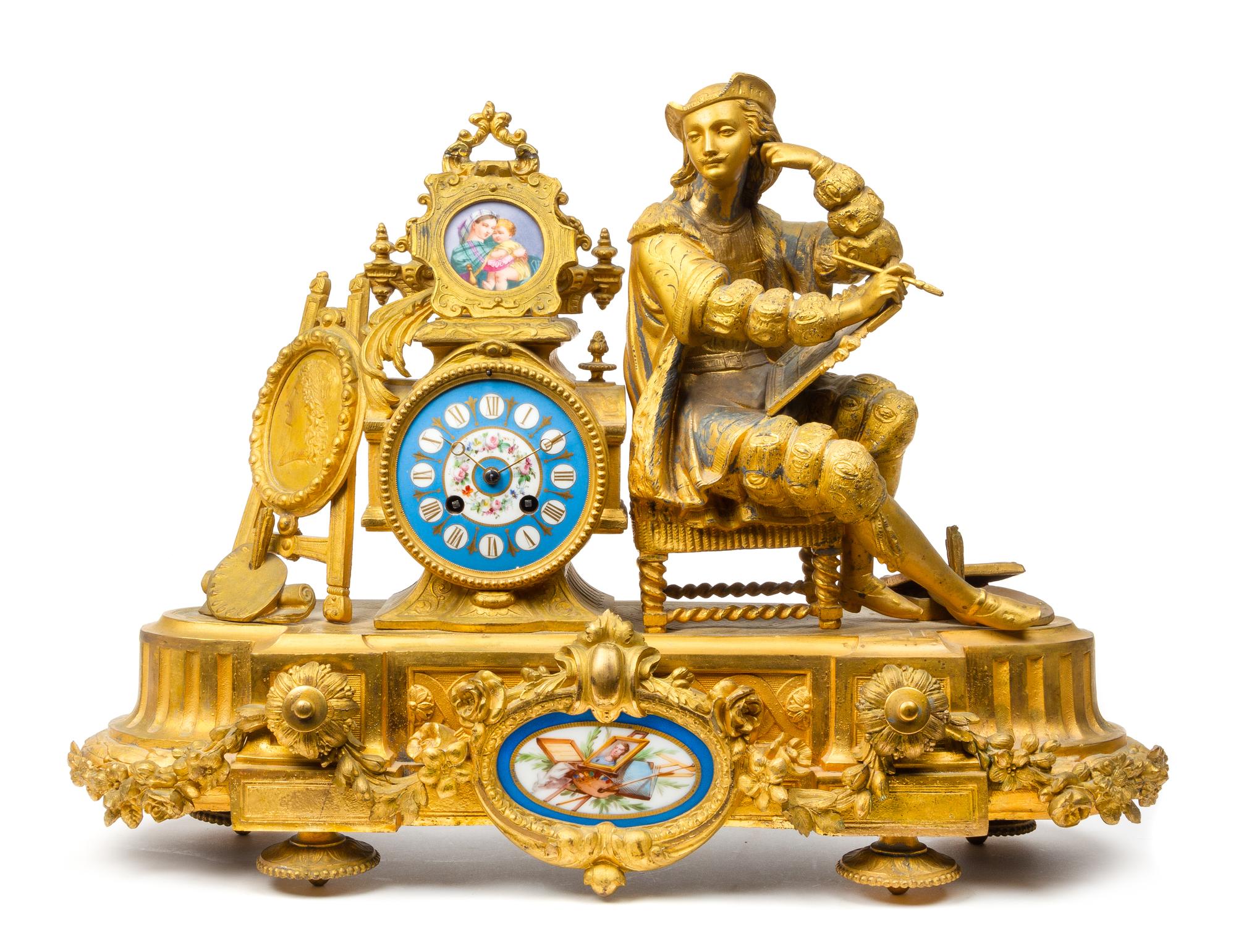A Napoleon III Style Gilt Metal and Porcelain Mantel Clock Height 15 3/4 x width 21 1/2 inches. — LATE 19TH/EARLY 20TH CENTURY
