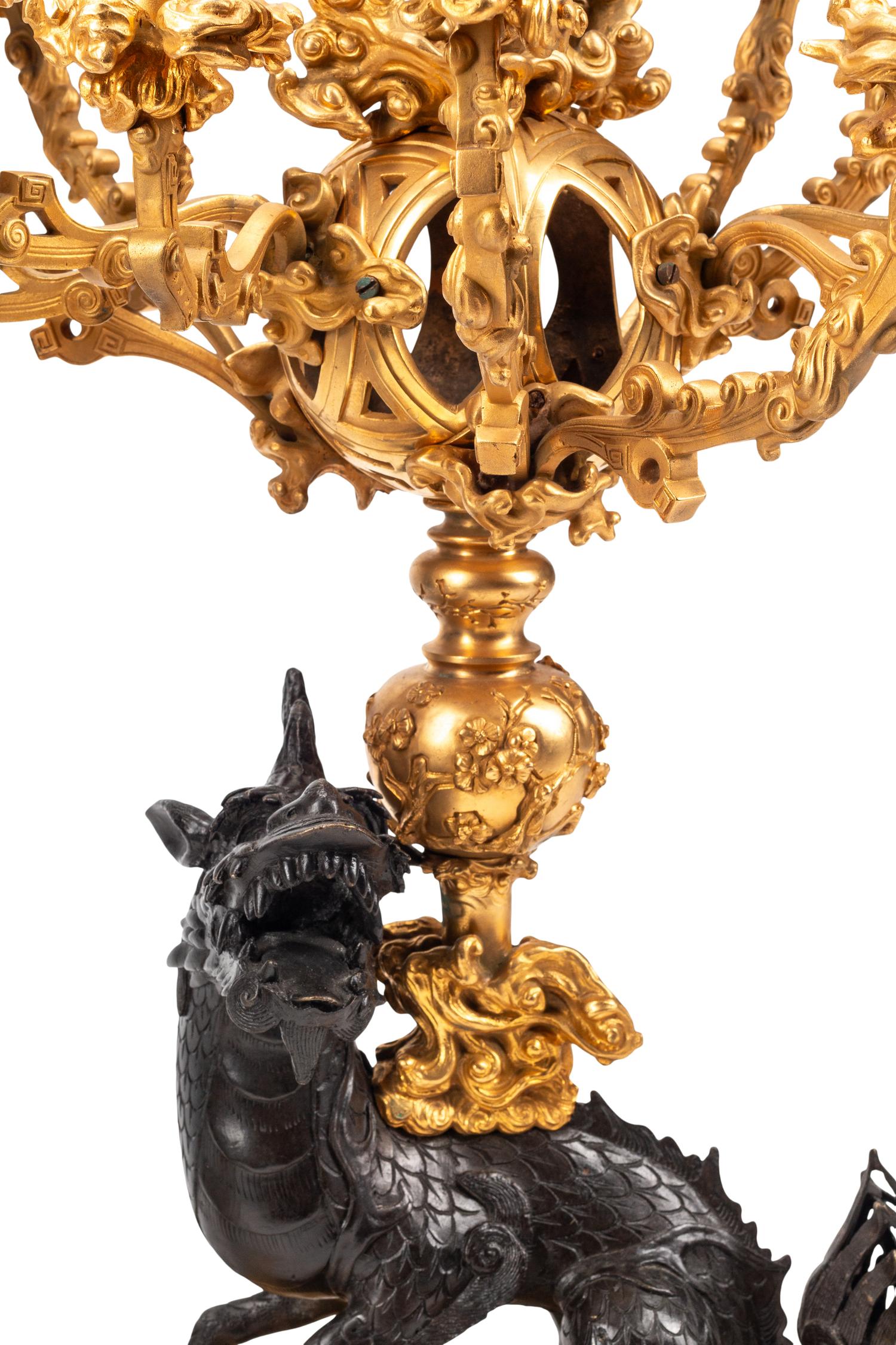 A Pair of French Japonesque Gilt and Patinated Bronze Thirteen-Light Candelabra