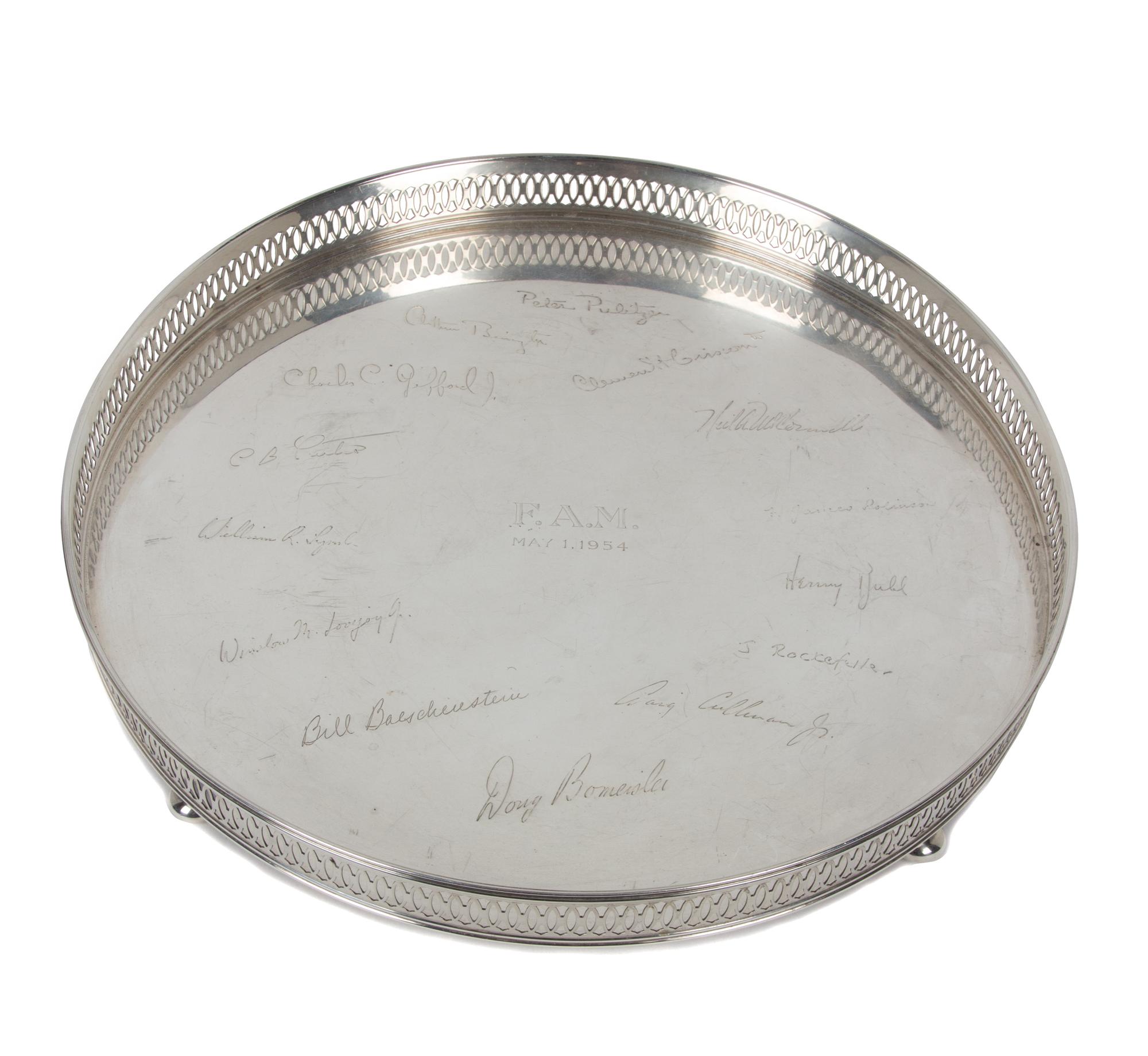 An American Sterling Silver Circular Tray, , with a pierced gallery, the center engraved F.A.M. May 1, 1954 and surrounded by 14 signat