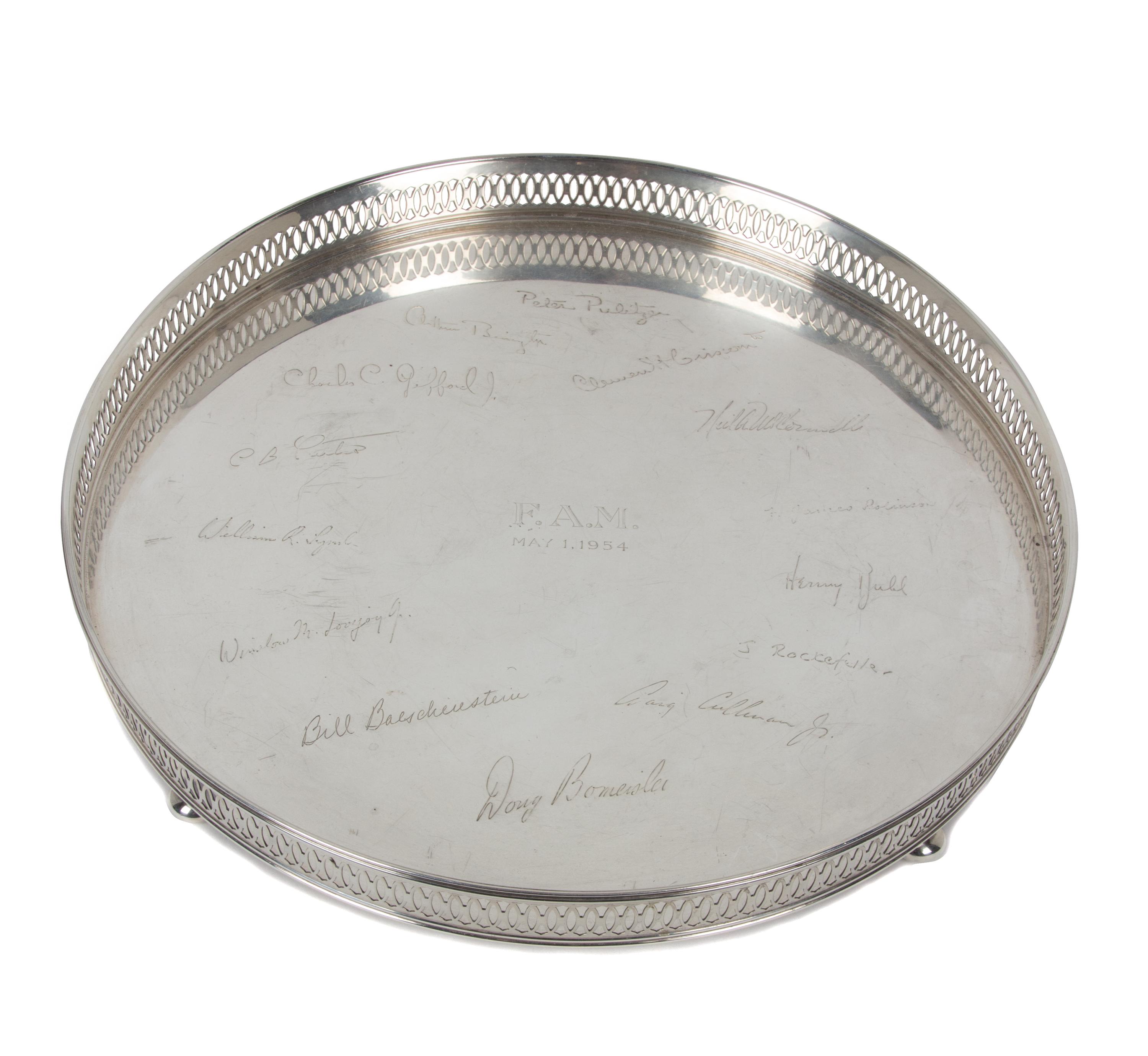 An American Sterling Silver Circular Tray, , with a pierced gallery, the center engraved F.A.M. May 1, 1954 and surrounded by 14 signat