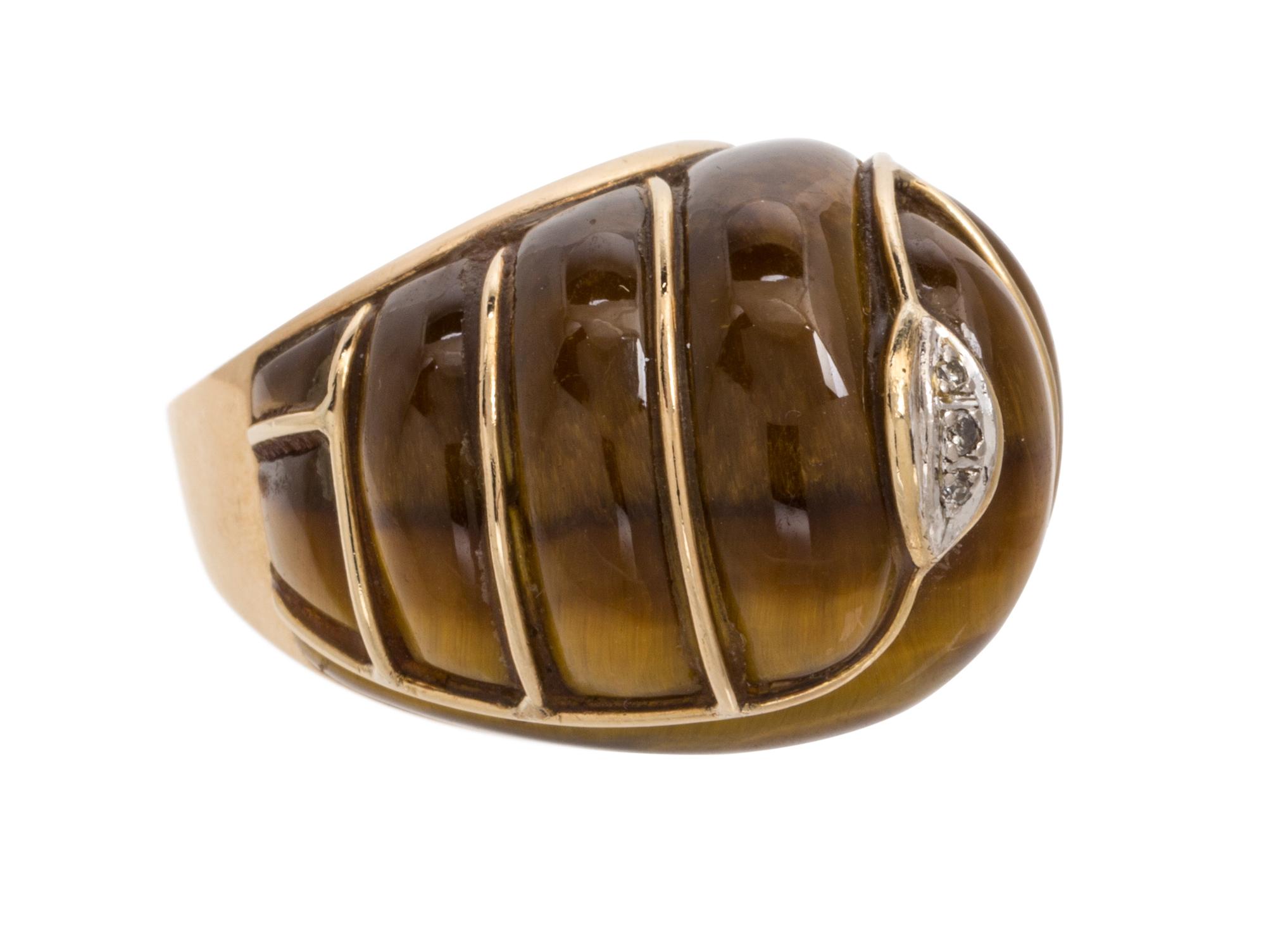 A Yellow Gold, Tiger's Eye Quartz and Diamond Bombe Ring, 12.70 dwts.