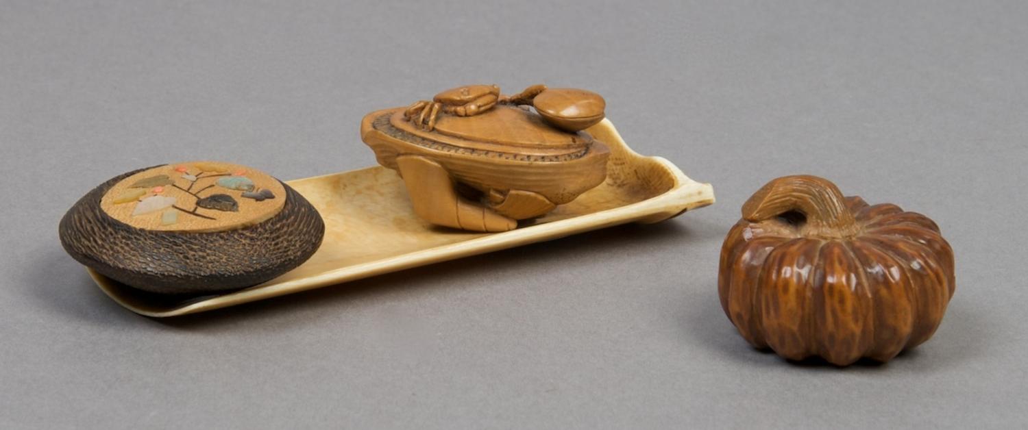 A Group of Three Wood Netsuke, Length of longest 4 1/8 inches.